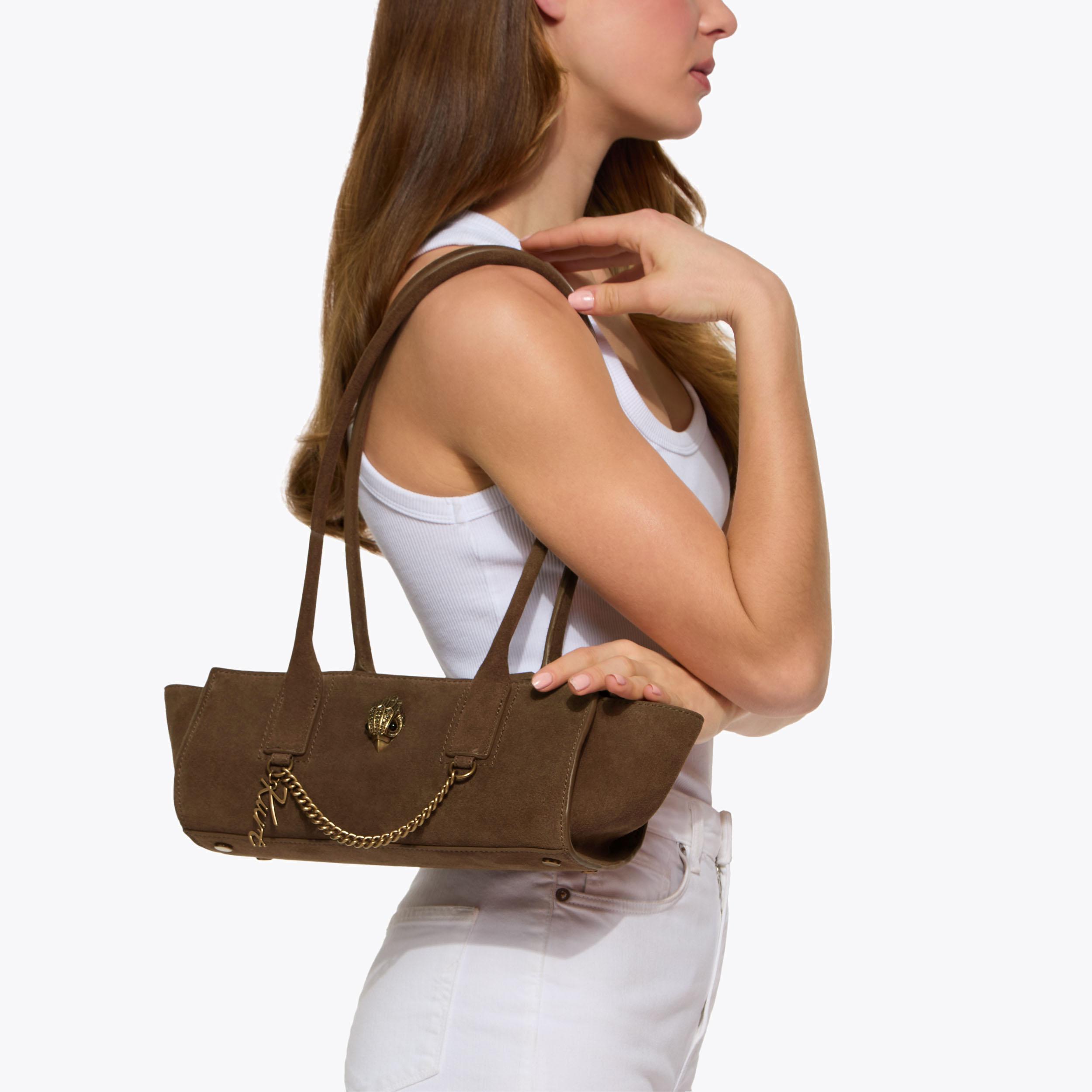 SLOANE EASTWEST SHOULDER Brown Suede Shoulder Bag by Kurt Geiger
