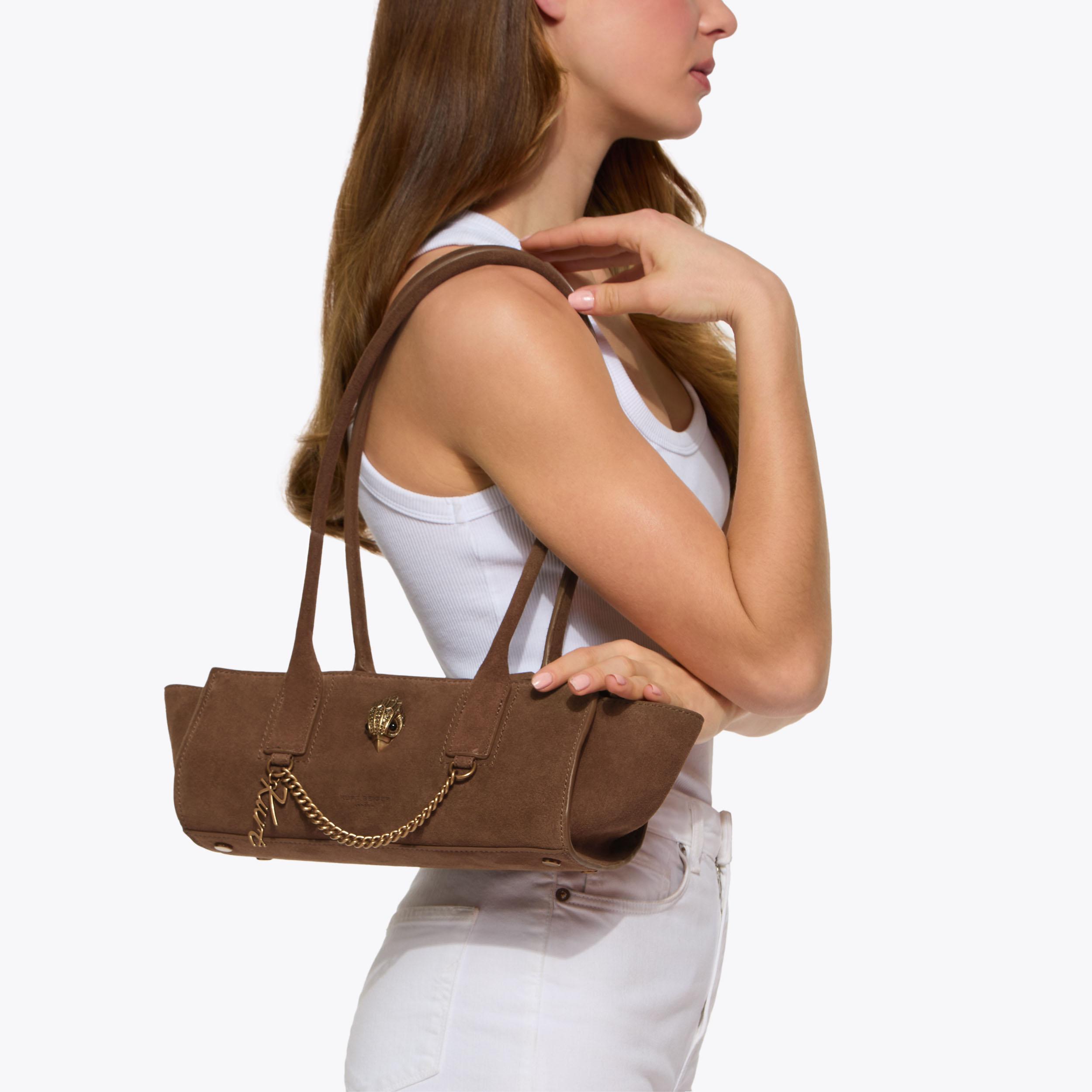 SLOANE EASTWEST SHOULDER Brown Suede Shoulder Bag by Kurt Geiger