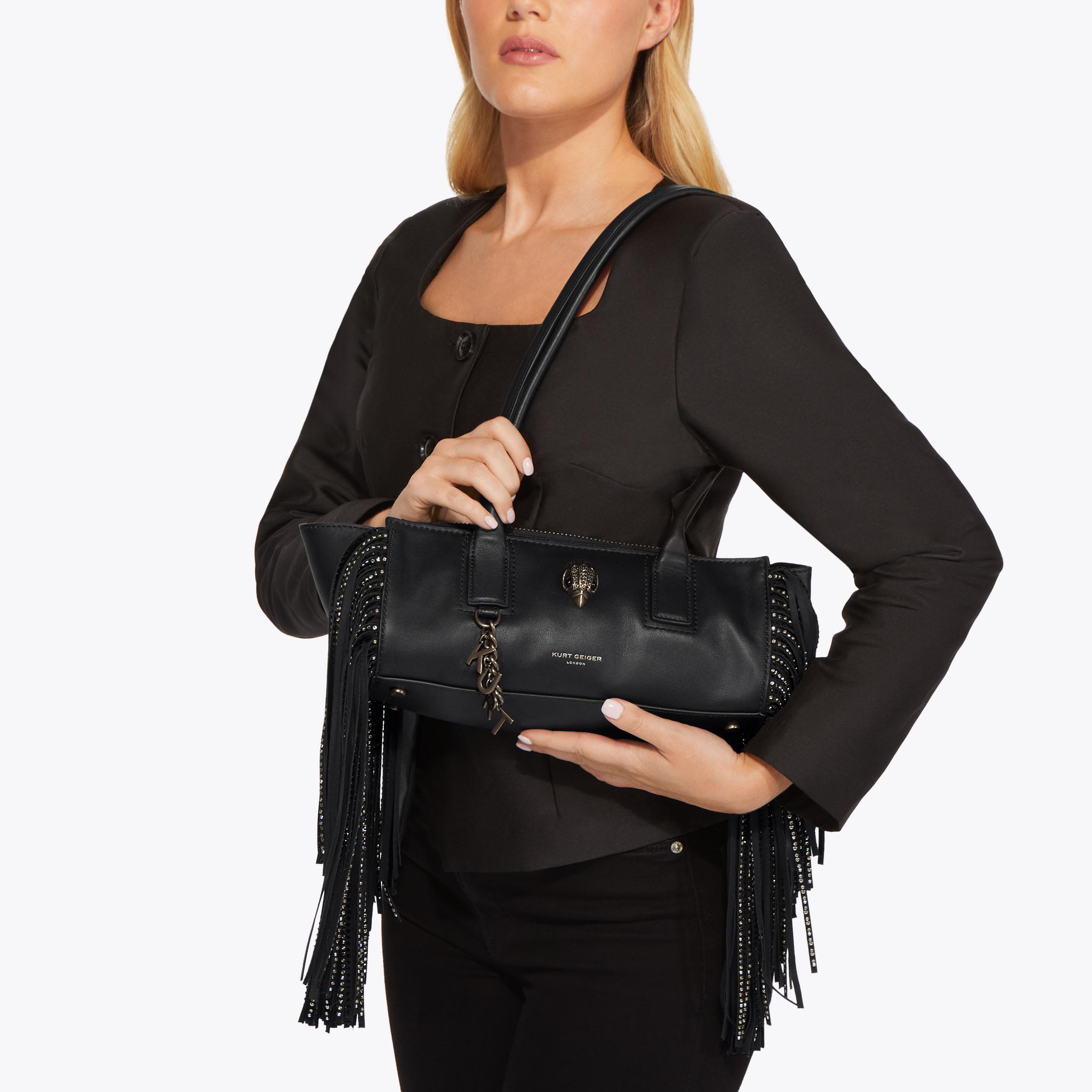 SLOANE EASTWEST SH FRINGE Black Fringe Shoulder Bag by Kurt Geiger
