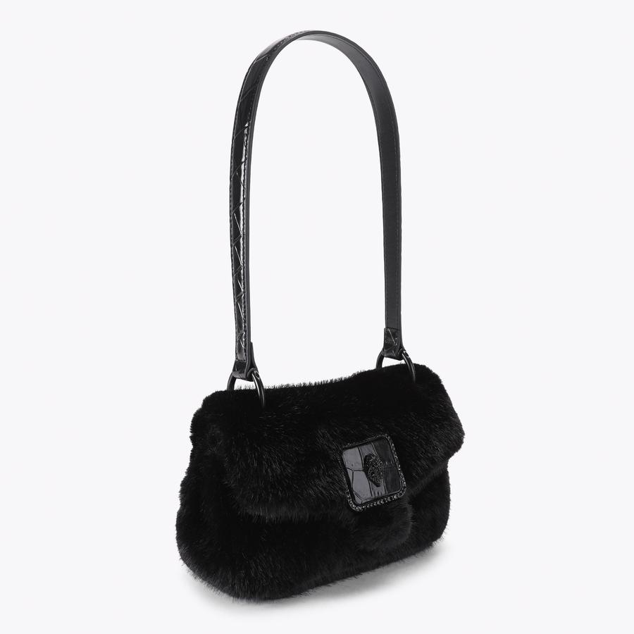 MINI PIMLICO BAG Black Leather Mini Faux Fur Bag by Kurt Geiger London