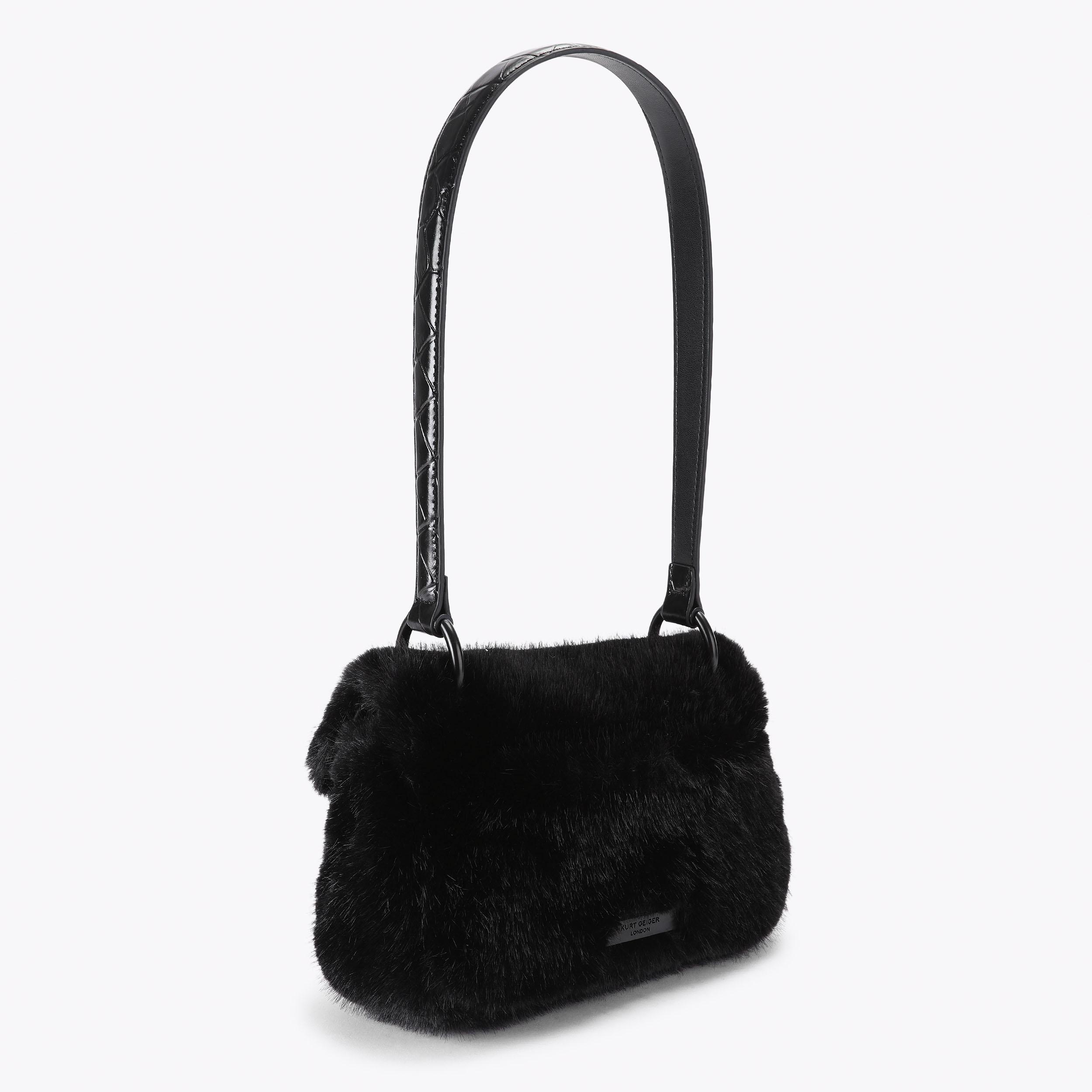 MINI PIMLICO BAG Black Leather Mini Faux Fur Bag by Kurt Geiger London