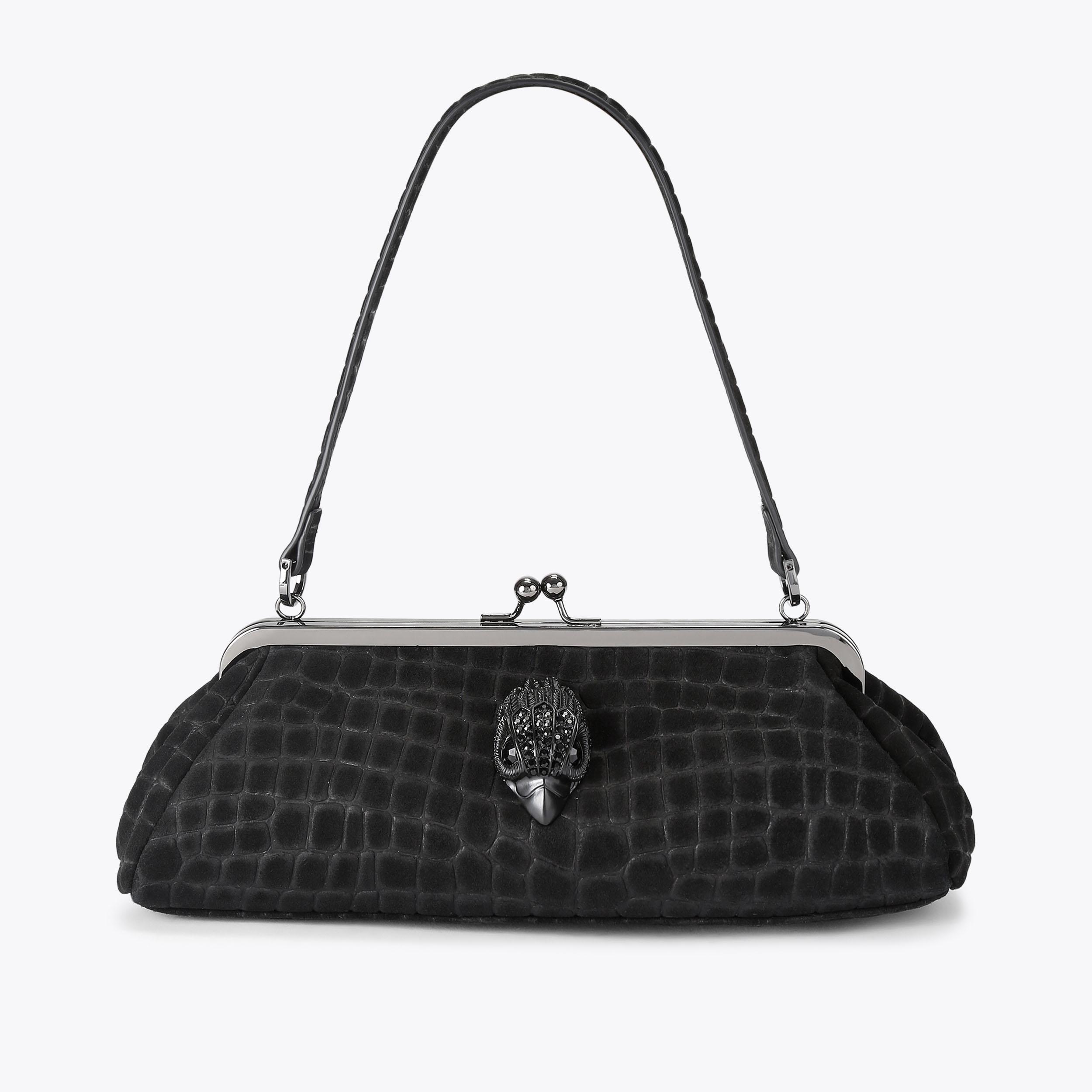 KENSINGTON FRAME BAG DR Black Suede Croc Embossed Bag by Kurt