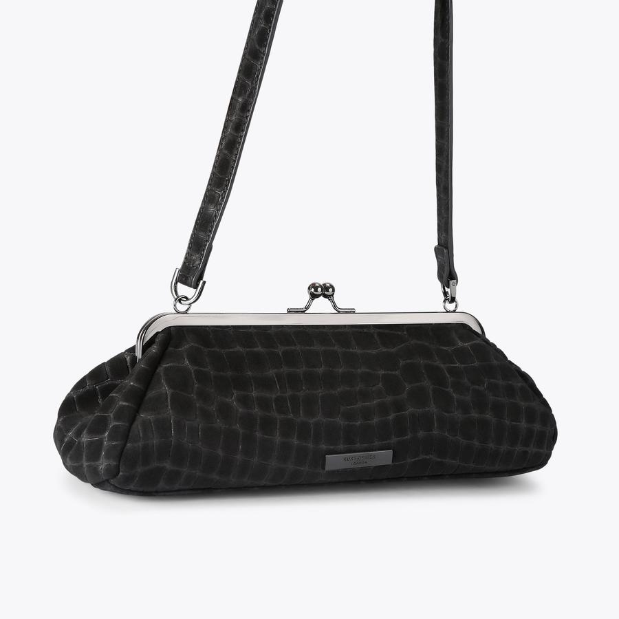 KENSINGTON FRAME BAG DR Black Suede Croc Embossed Bag by Kurt
