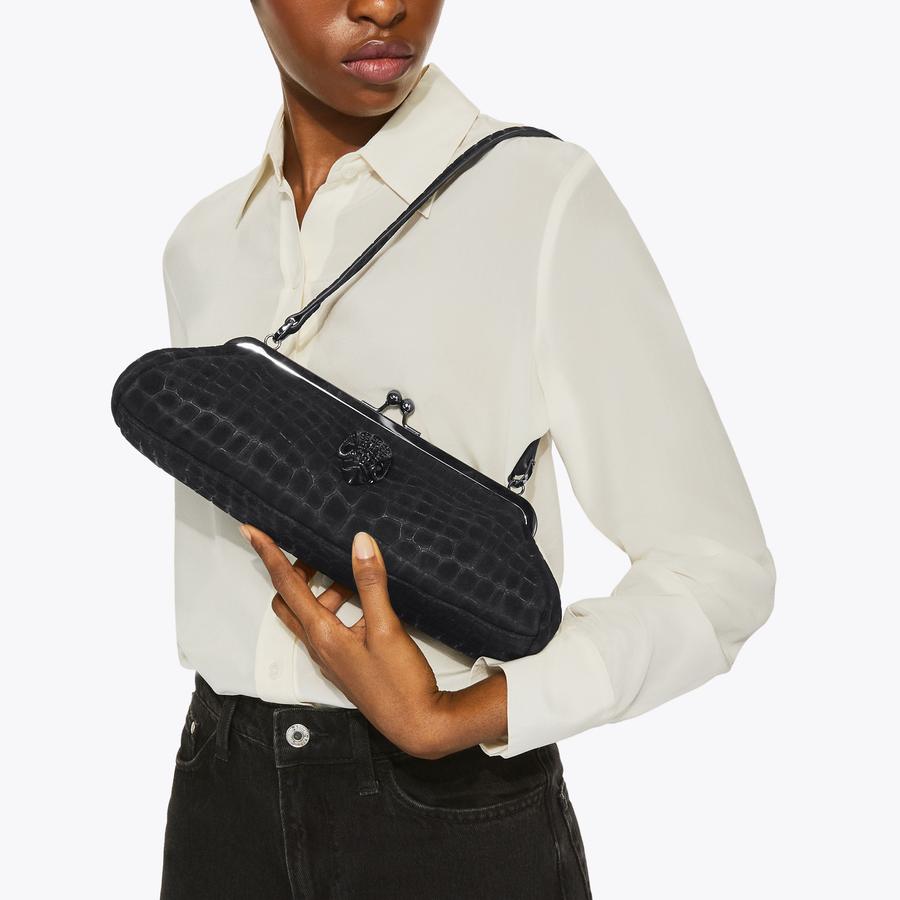 KENSINGTON FRAME BAG DR Black Suede Croc Embossed Bag by Kurt