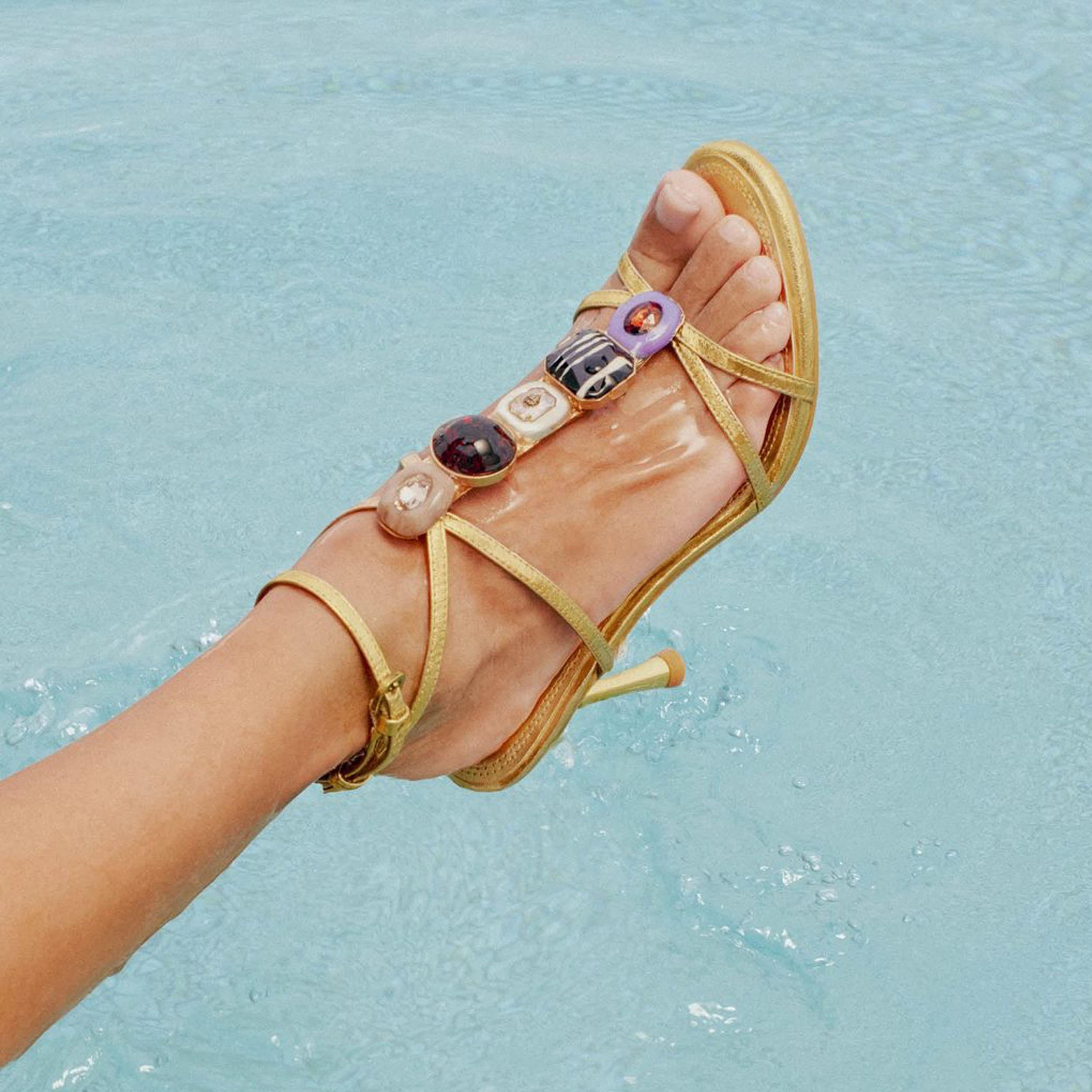 OPHELIA SANDAL Gold statement LouLou Heel crafted from a metallic