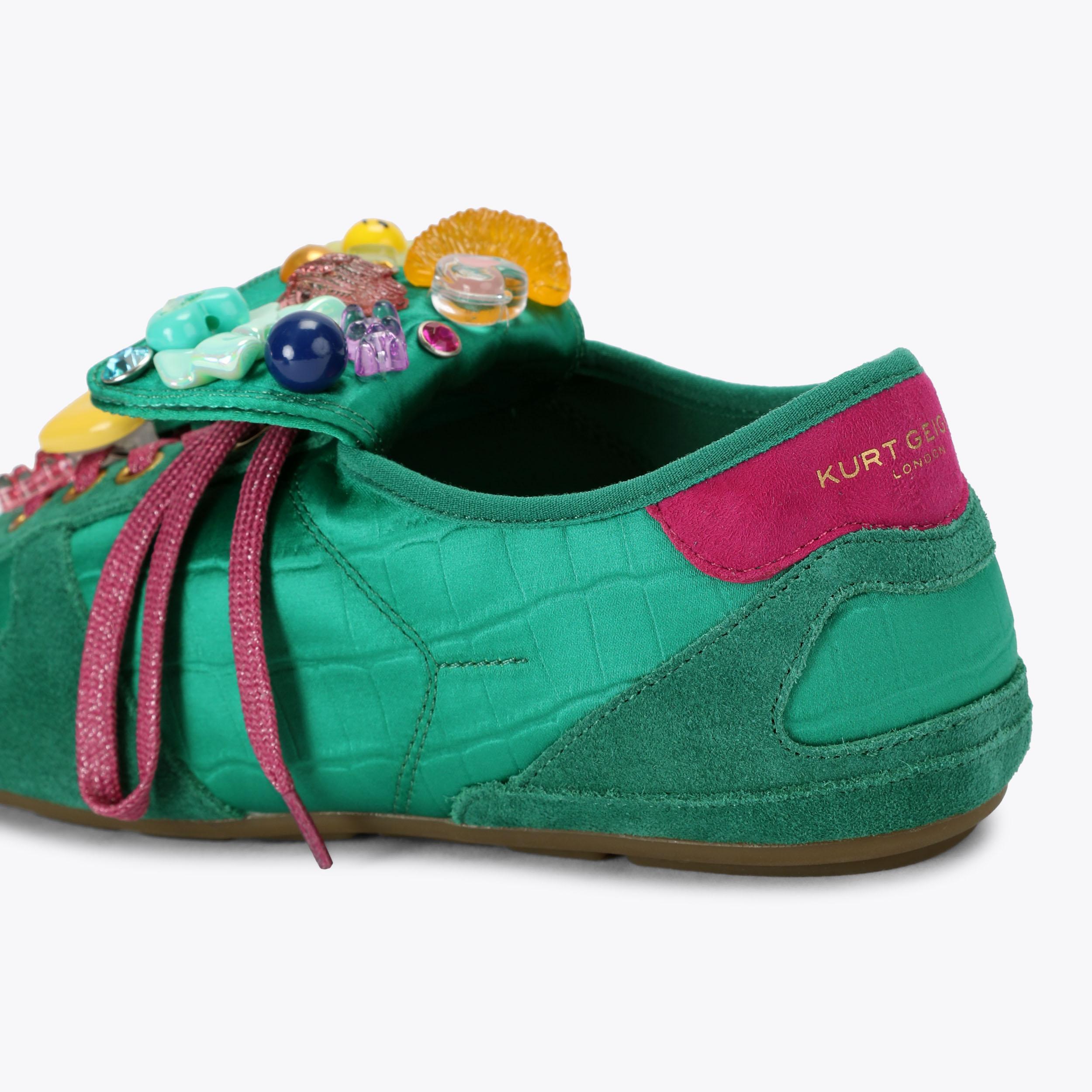 GIANNIVERSACE刺繍ミュール WEMBLEY SNEAKER Green Satin Lace Up Sneaker by Kurt Geiger London