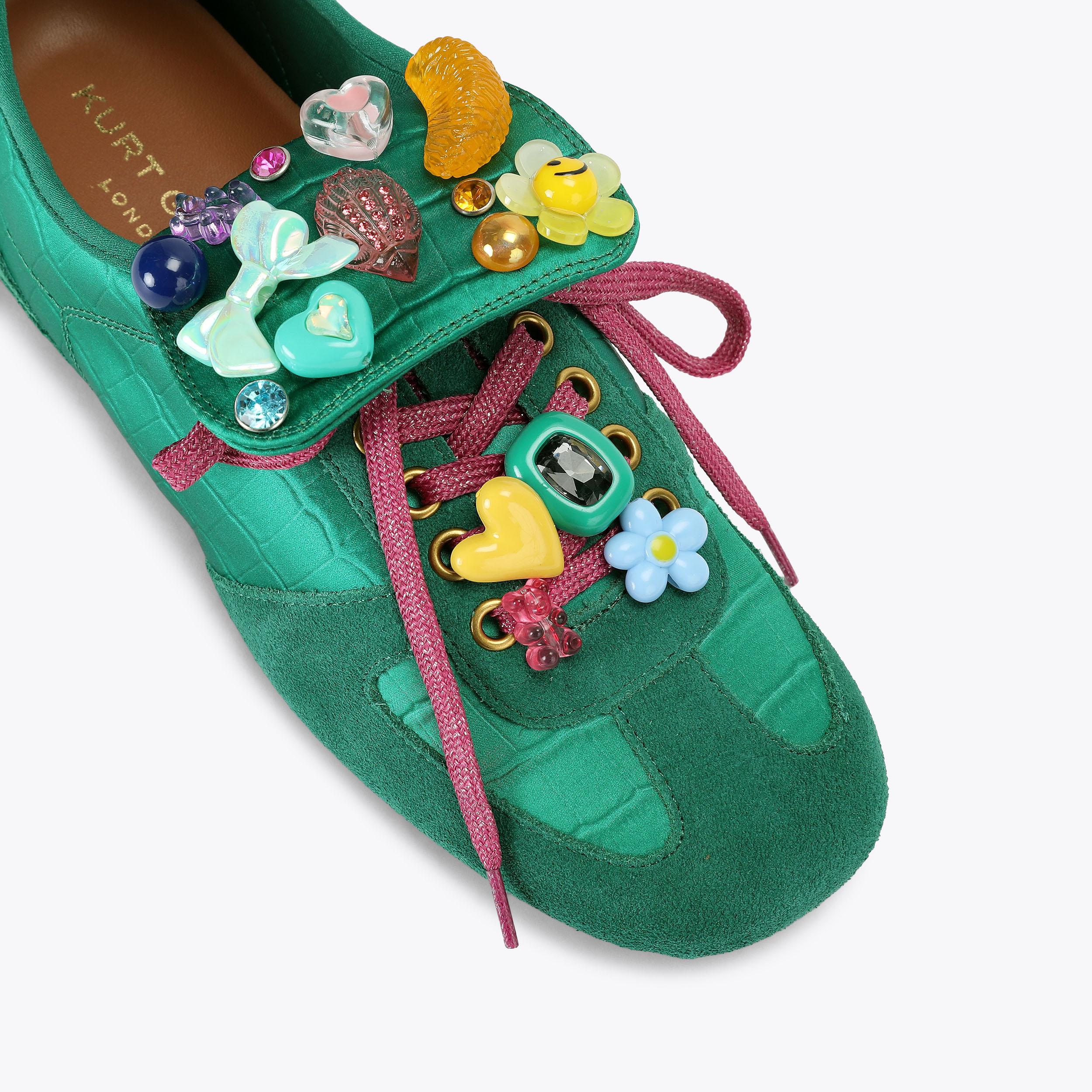 WEMBLEY SNEAKER Green Satin Lace Up Sneaker by Kurt Geiger London