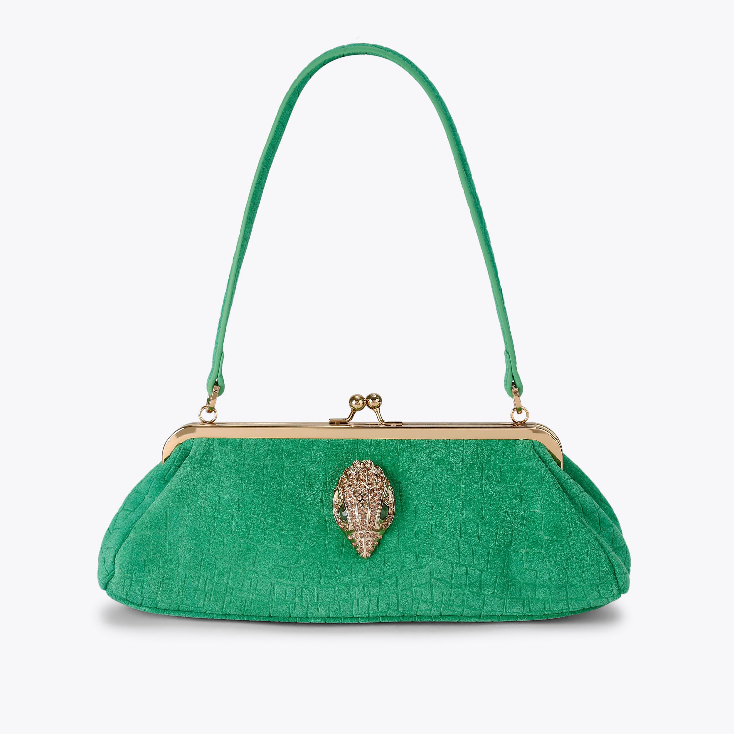 KENSINGTON FRAME BAG Green Suede Croc Embossed Bag by Kurt Geiger