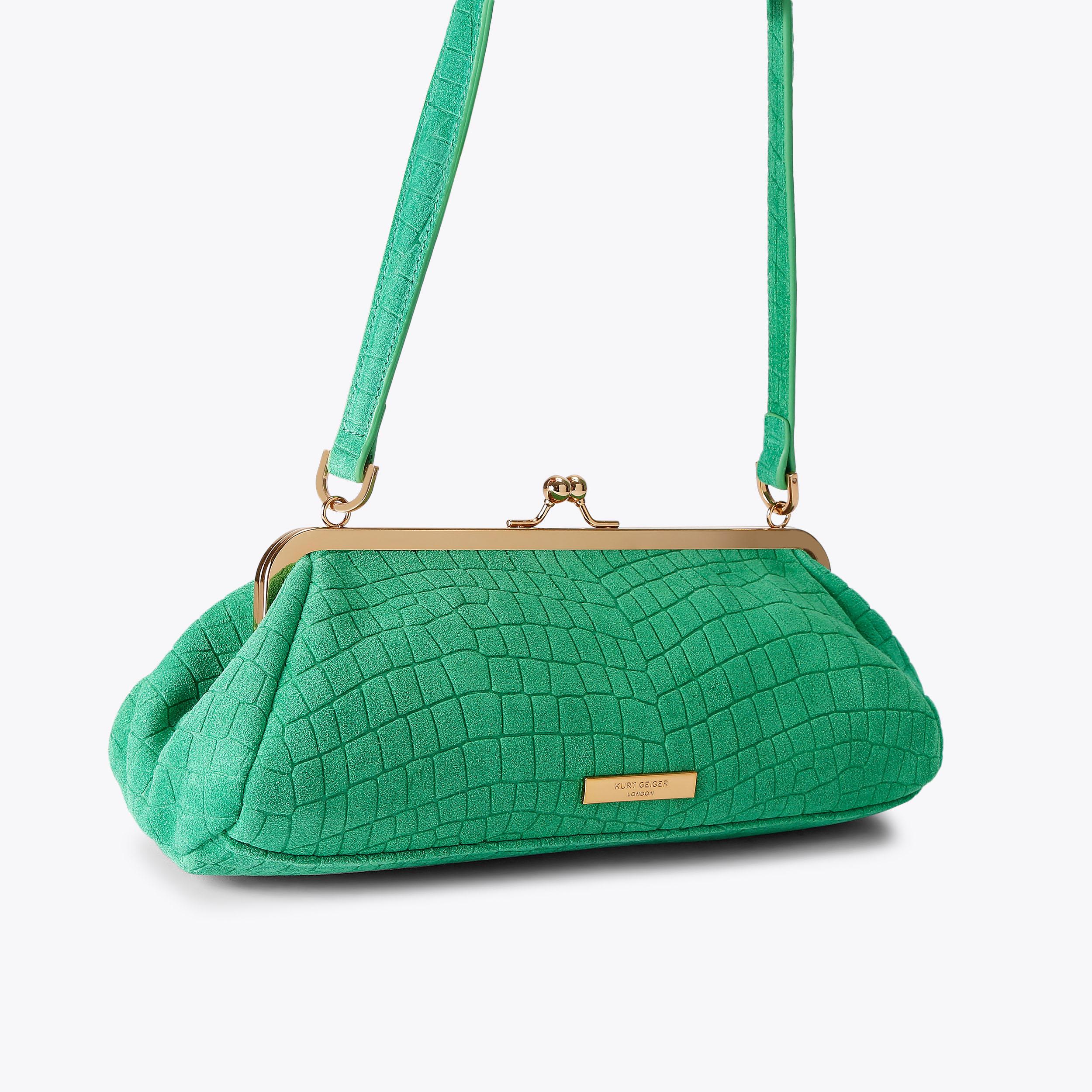 Gub sハラコ　グリーン レザー　 バッグ KENSINGTON FRAME BAG Green Suede Croc Embossed Bag by Kurt Geiger