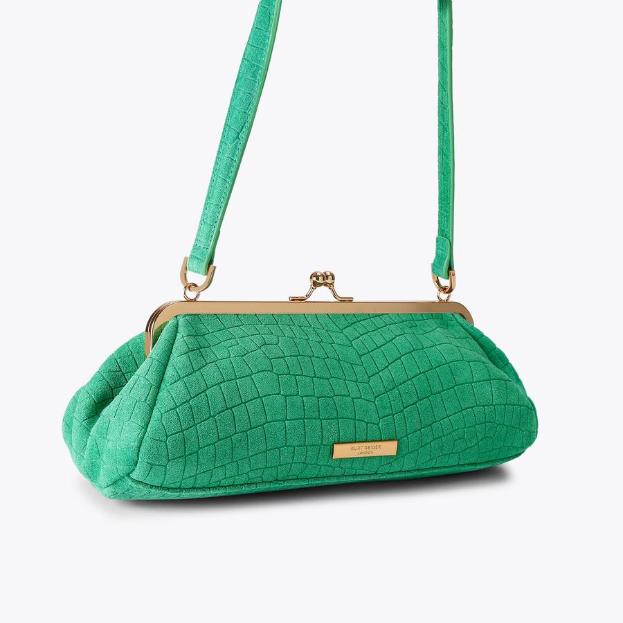KENSINGTON FRAME BAG Green Suede Croc Embossed Bag by Kurt Geiger