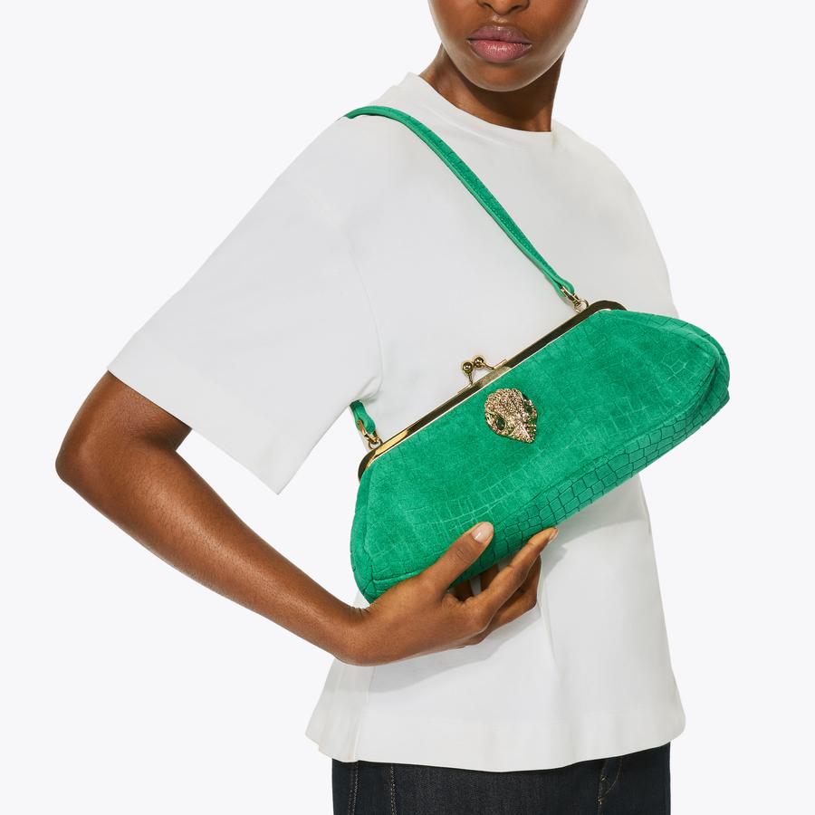 KENSINGTON FRAME BAG Green Suede Croc Embossed Bag by Kurt Geiger