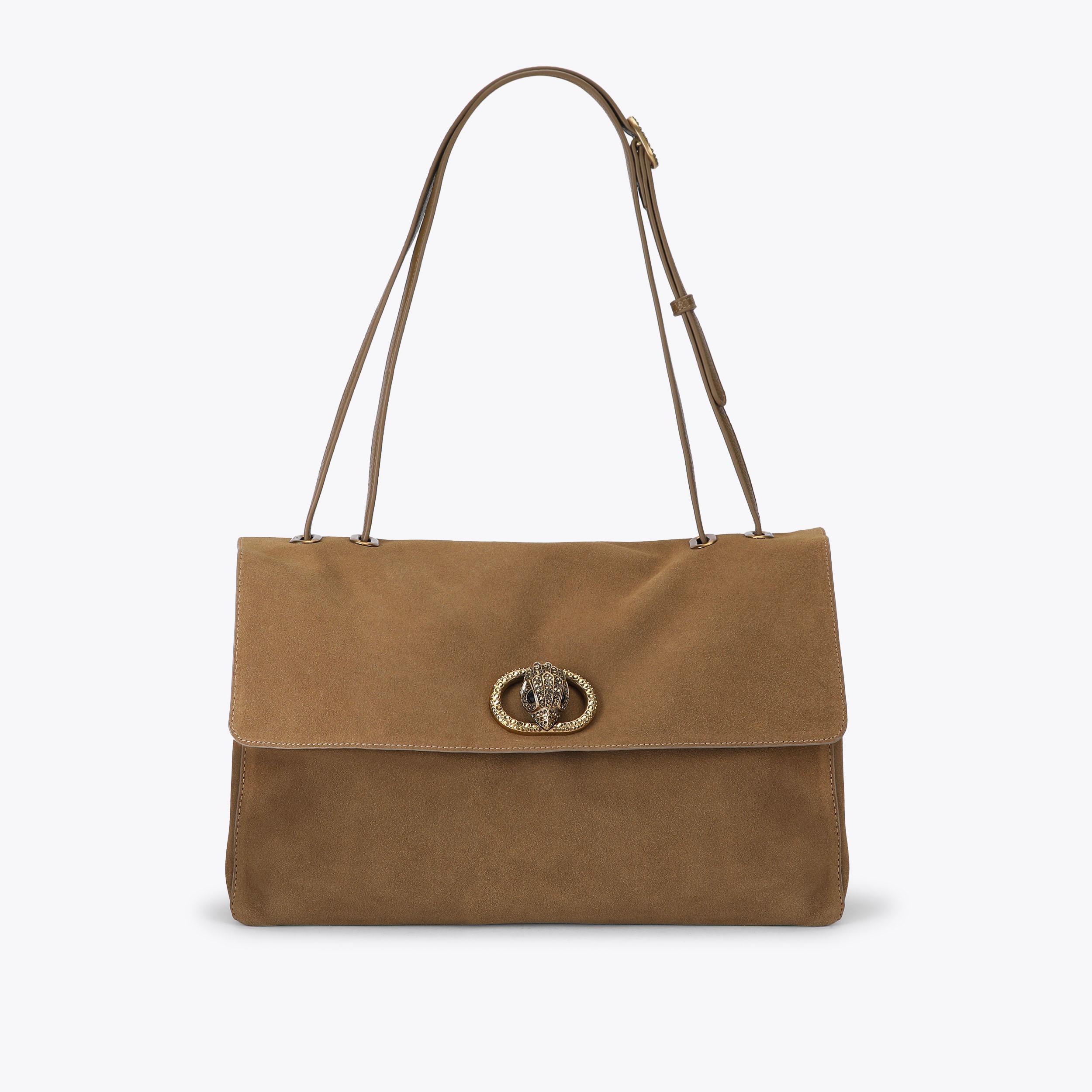 CHELSEA LG SLOUCH FLAP Tan Suede Shoulder Bag by Kurt Geiger London