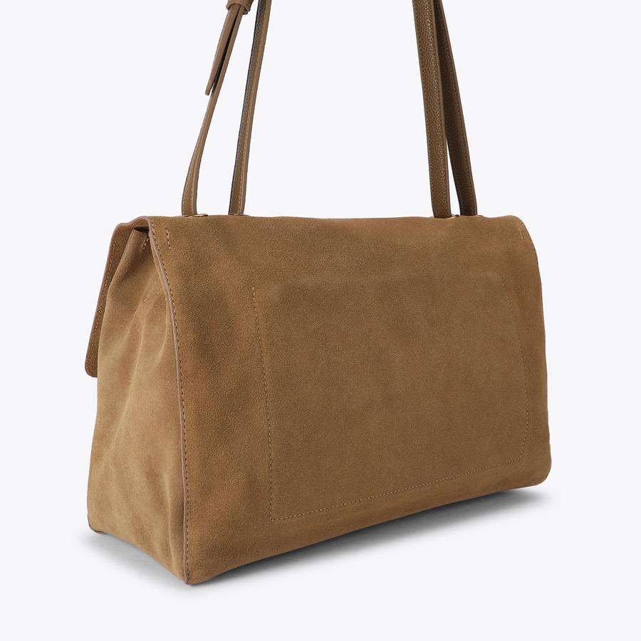 CHELSEA LG SLOUCH FLAP Tan Suede Shoulder Bag by Kurt Geiger London