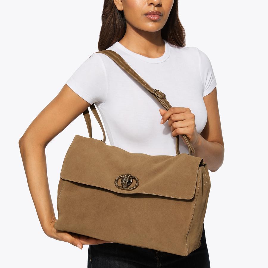 CHELSEA LG SLOUCH FLAP Tan Suede Shoulder Bag by Kurt Geiger London