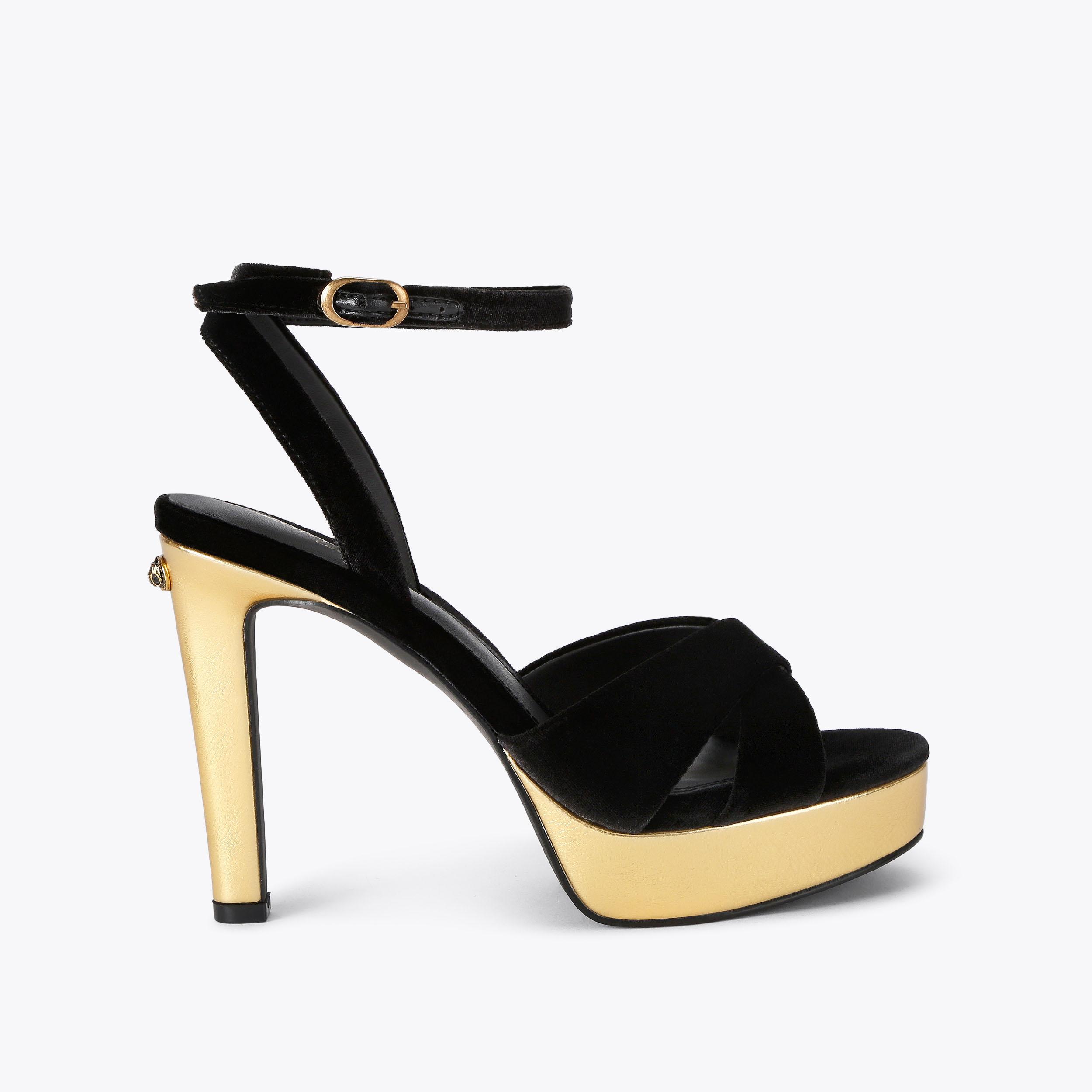 GLORIA CROSS SANDAL Black Velvet Platform Heel by Kurt Geiger London