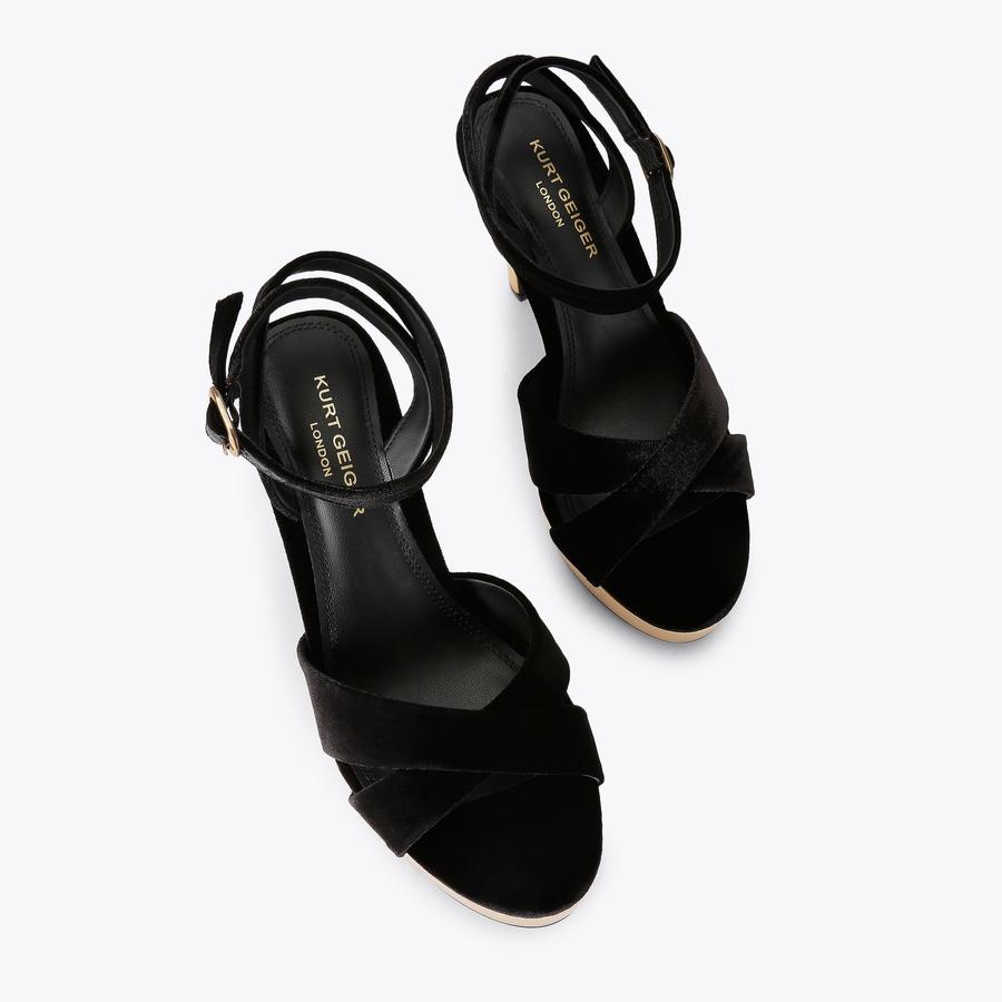 GLORIA CROSS SANDAL Black Velvet Platform Heel by Kurt Geiger London