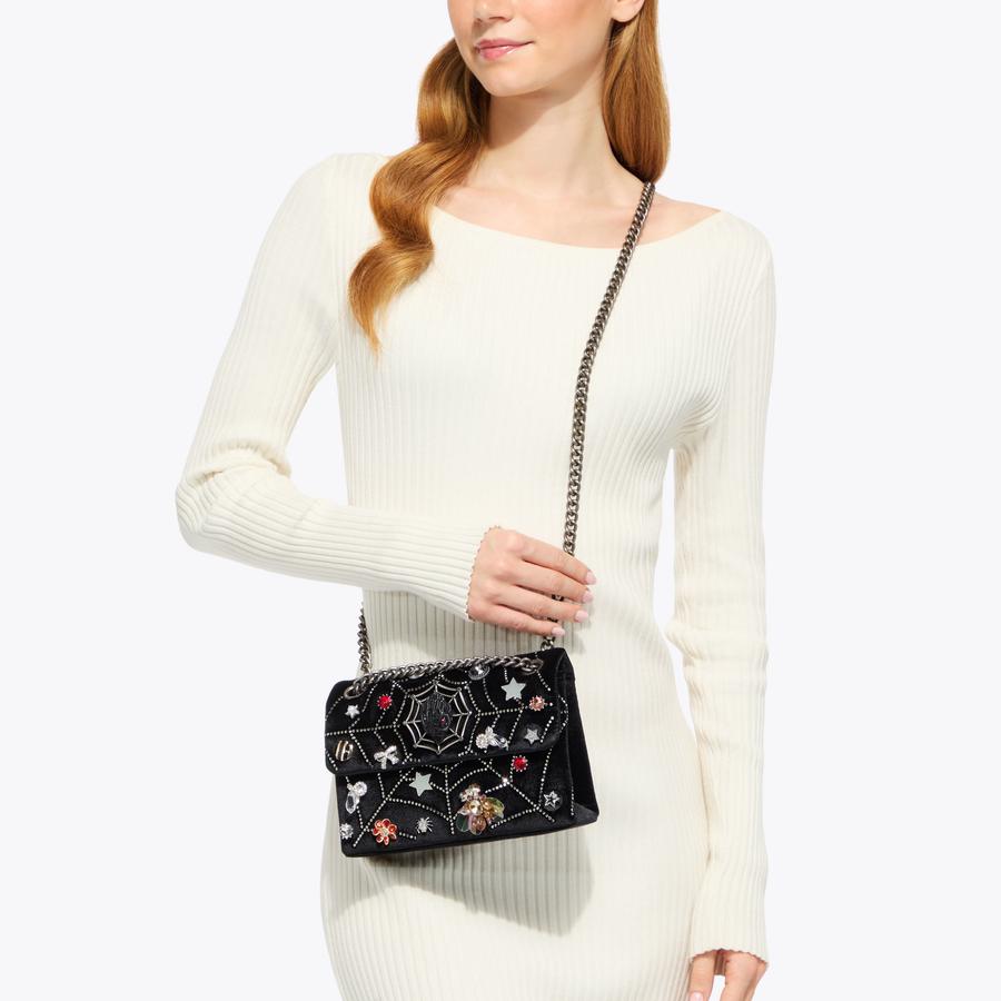 MINI KENSINGTON SPOOKY Black Velvet Spiderweb Cross Body Bag by