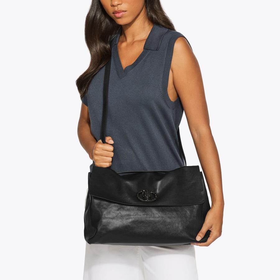CHELSEA LG SLOUCH FLAP DR Black Leather Slouchy Shoulder Bag by