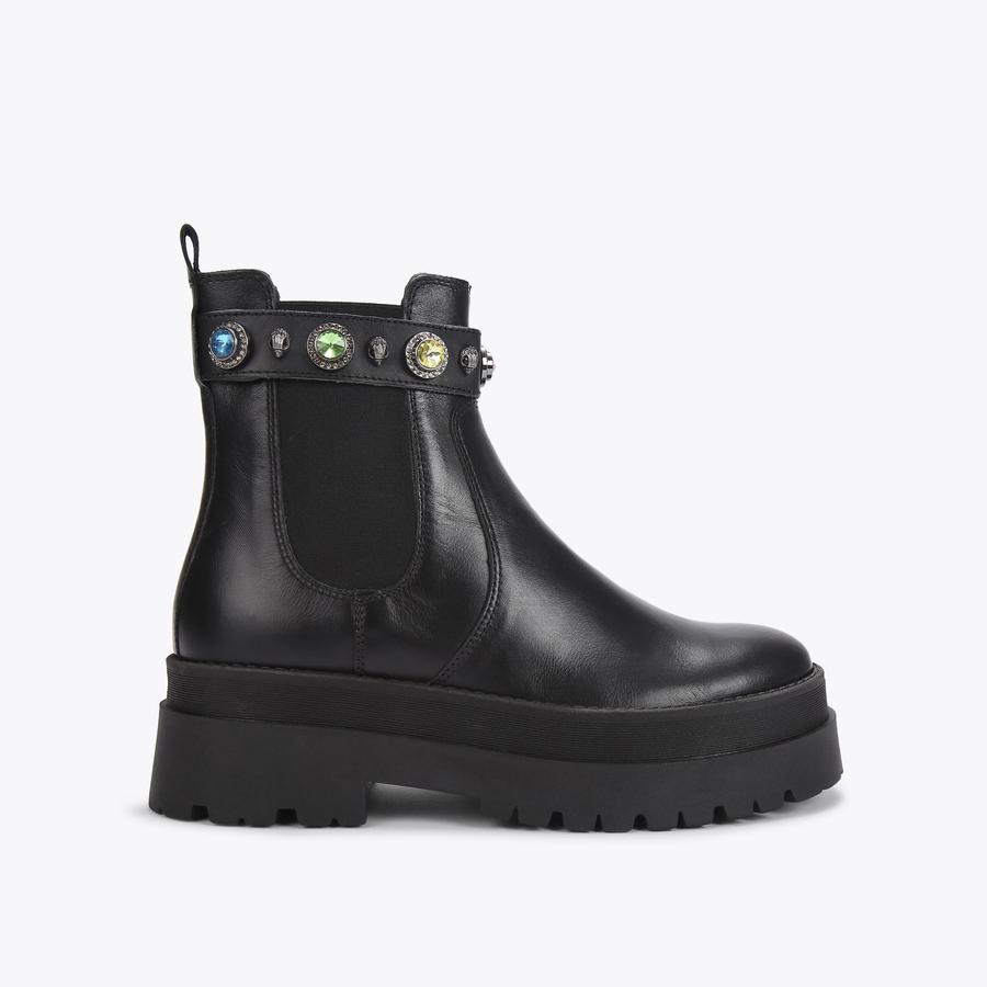 SAWYER CHELSEA Black Leather Rainbow Crystal Chunky Boots by KURT