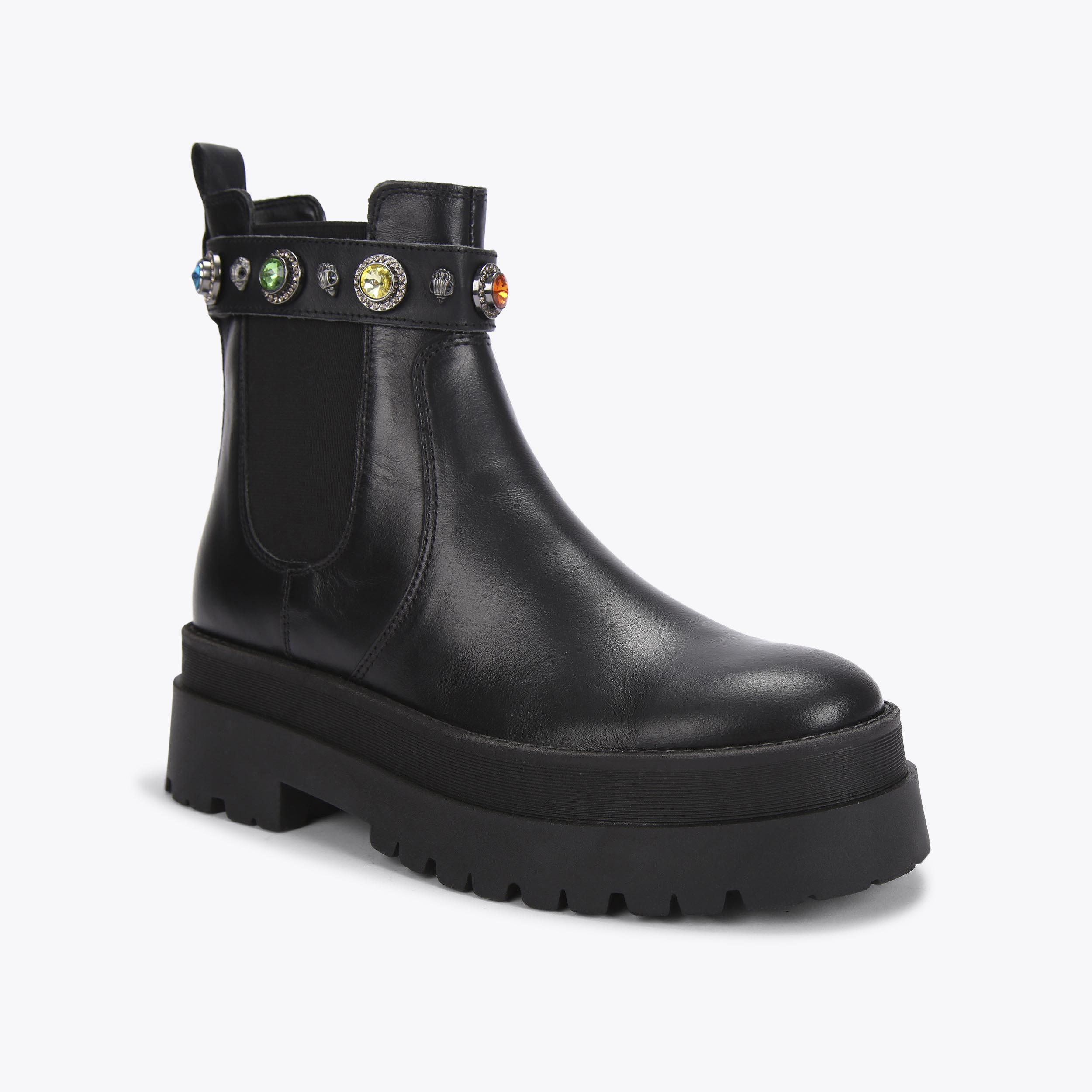 SAWYER CHELSEA Black Leather Rainbow Crystal Chunky Boots by KURT