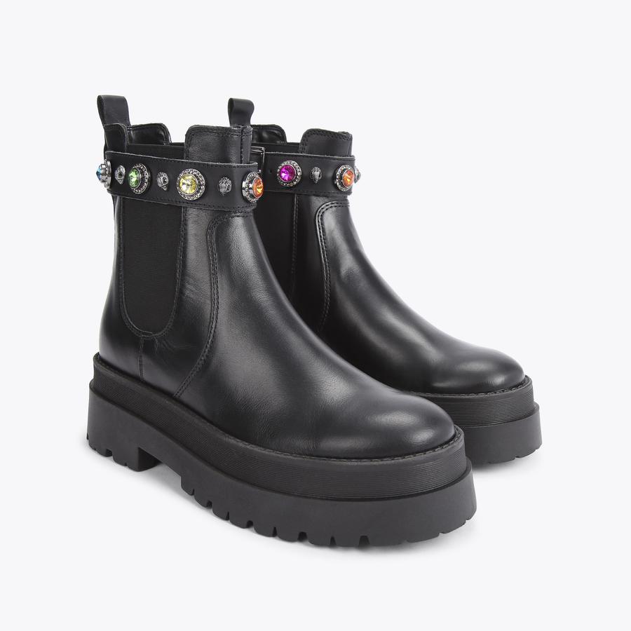 SAWYER CHELSEA Black Leather Rainbow Crystal Chunky Boots by KURT