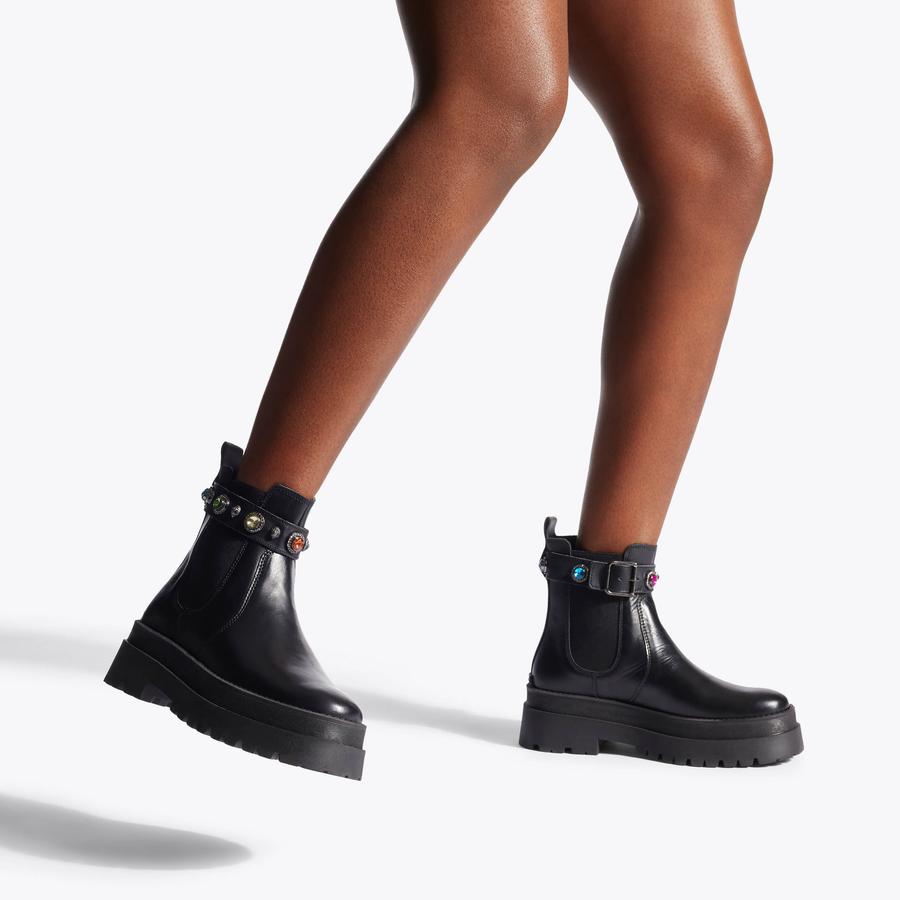 SAWYER CHELSEA Black Leather Rainbow Crystal Chunky Boots by KURT