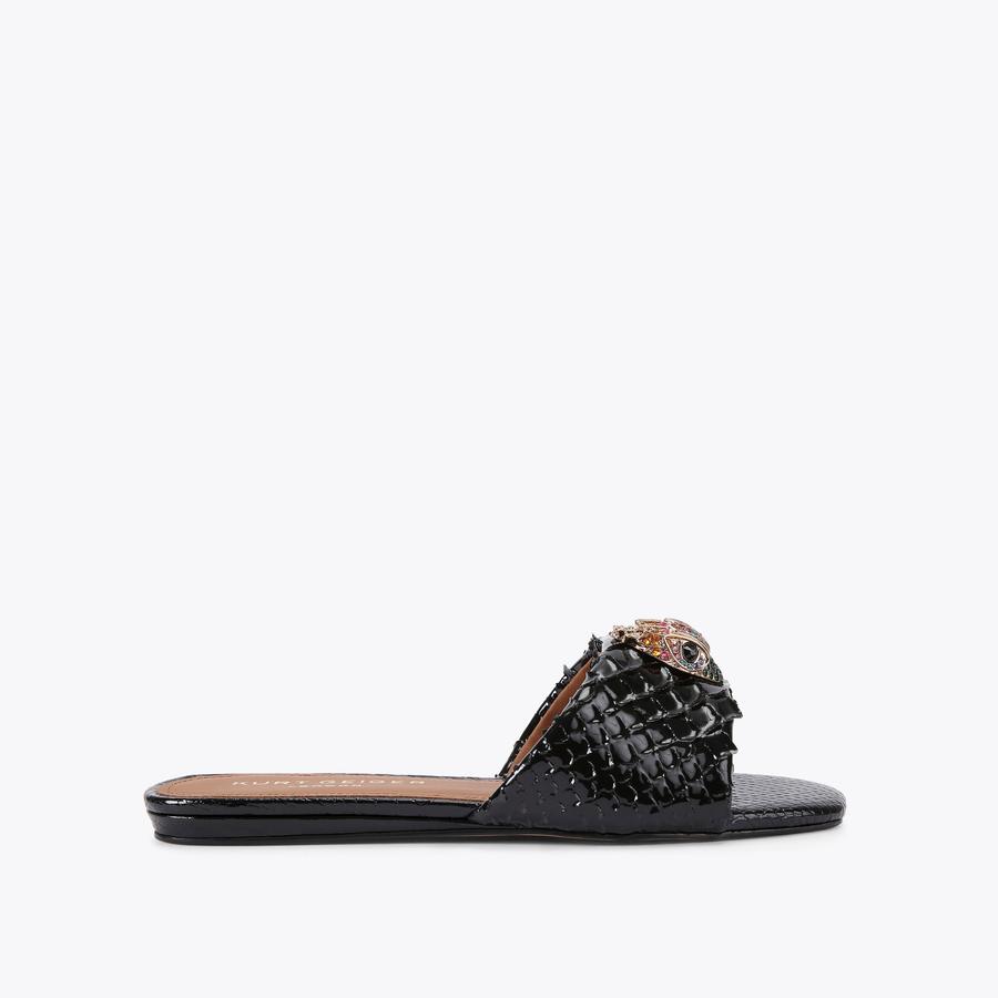 KENSINGTON FLAT SANDAL Black 3D embossed Slip On Sandal by