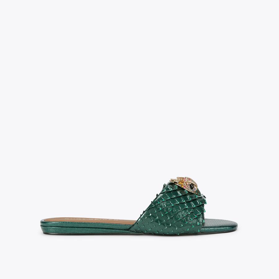 KENSINGTON FLAT SANDAL Snake Green Slide On Sandal by KURT