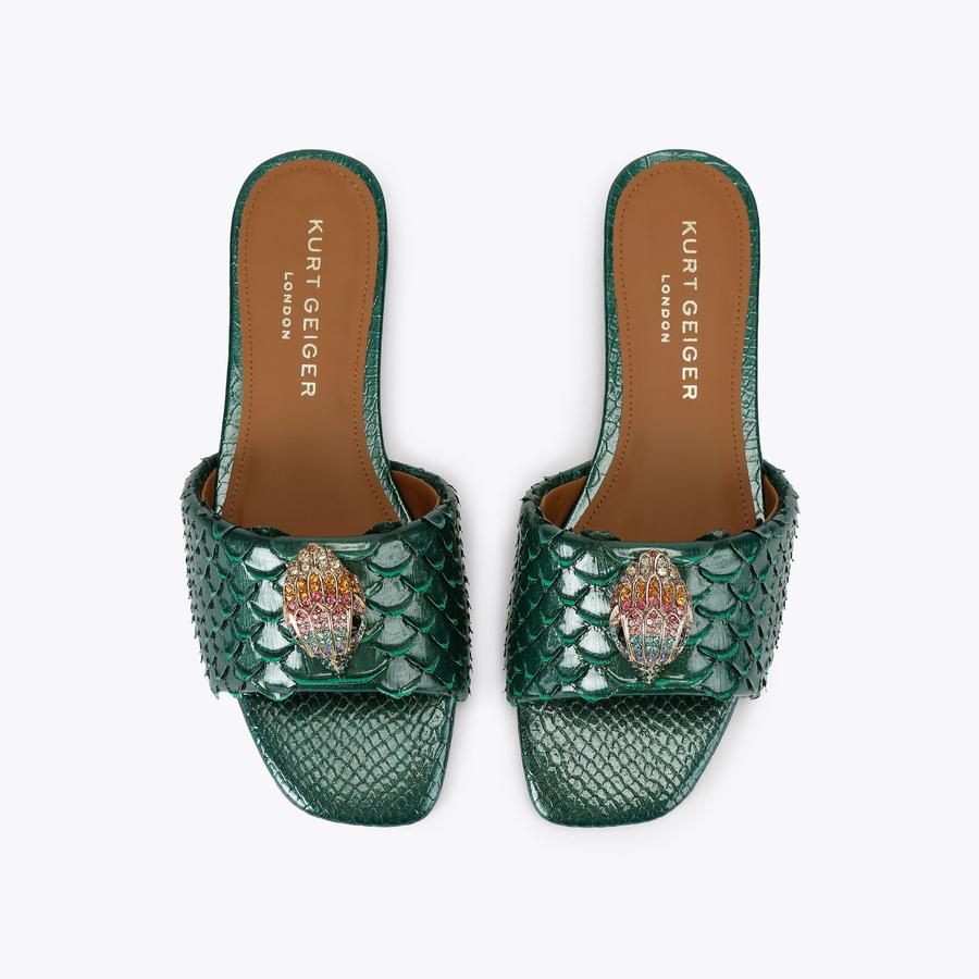 KENSINGTON FLAT SANDAL Snake Green Slide On Sandal by KURT