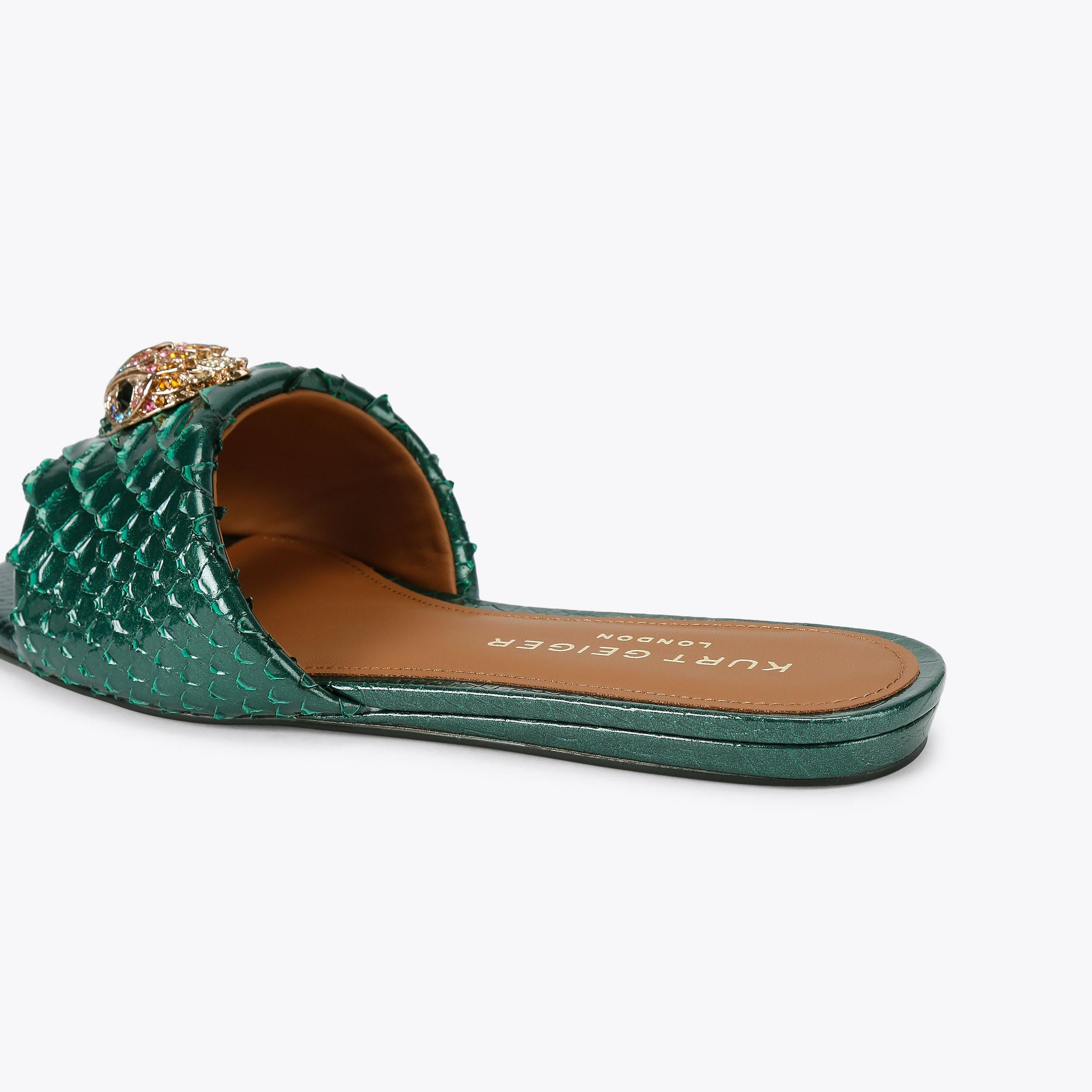 KENSINGTON FLAT SANDAL Snake Green Slide On Sandal by KURT