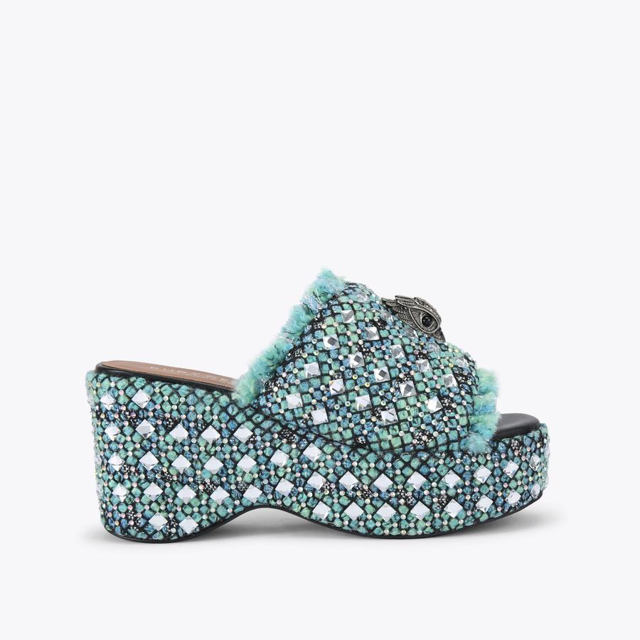 KENSINGTON WEDGE MULE Blue Fabric Slip On Heel by KURT GEIGER LONDON
