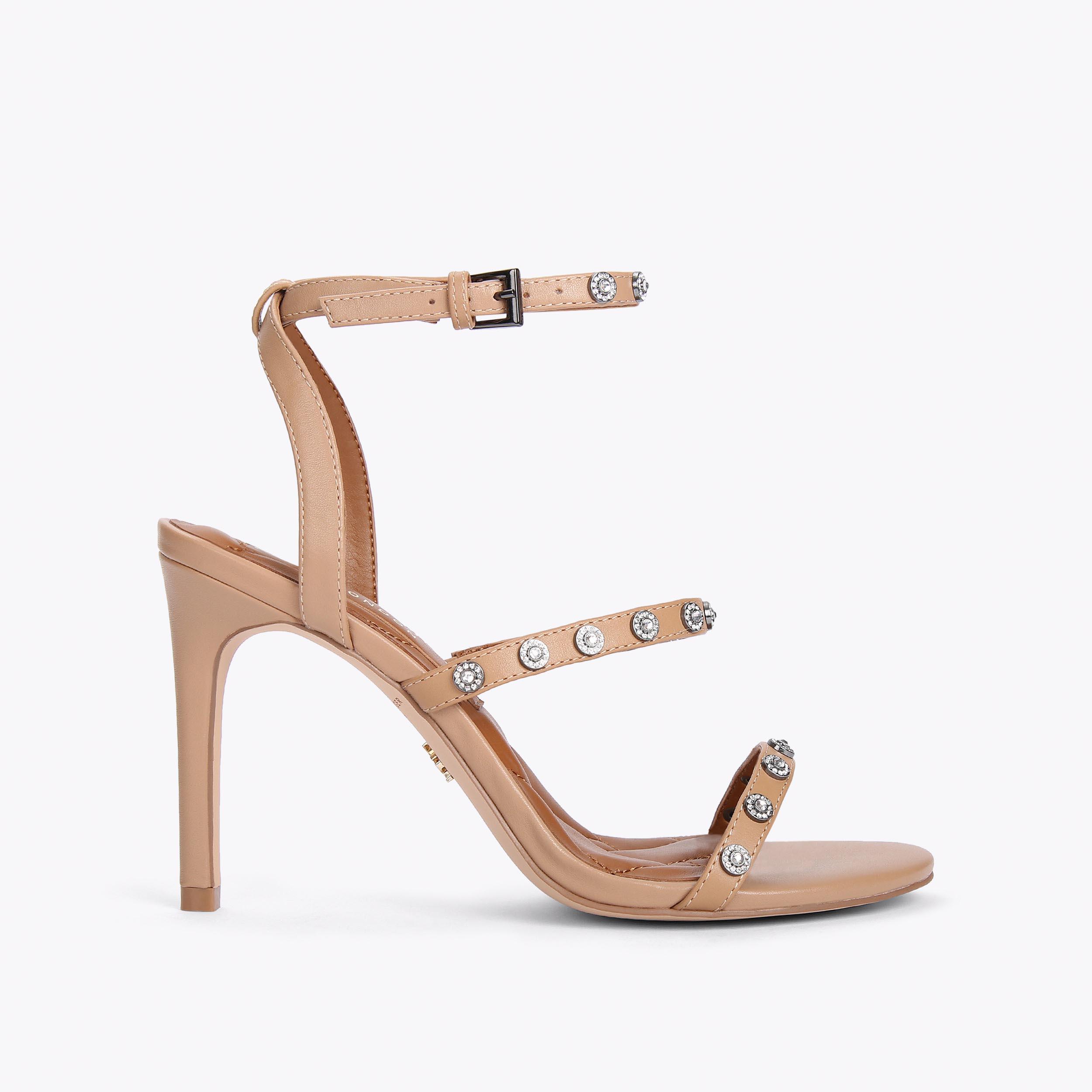 PORTIA CRYSTALS Camel Leather Crystal Strappy Heeled Sandals by