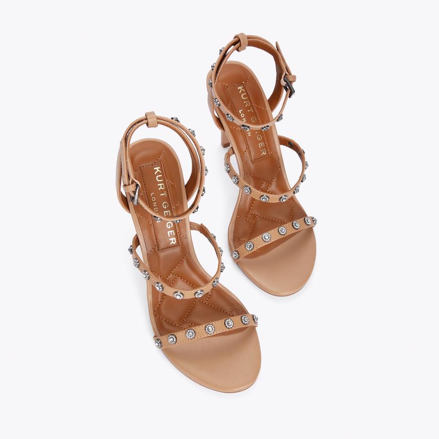 PORTIA CRYSTALS Camel Leather Crystal Strappy Heeled Sandals by