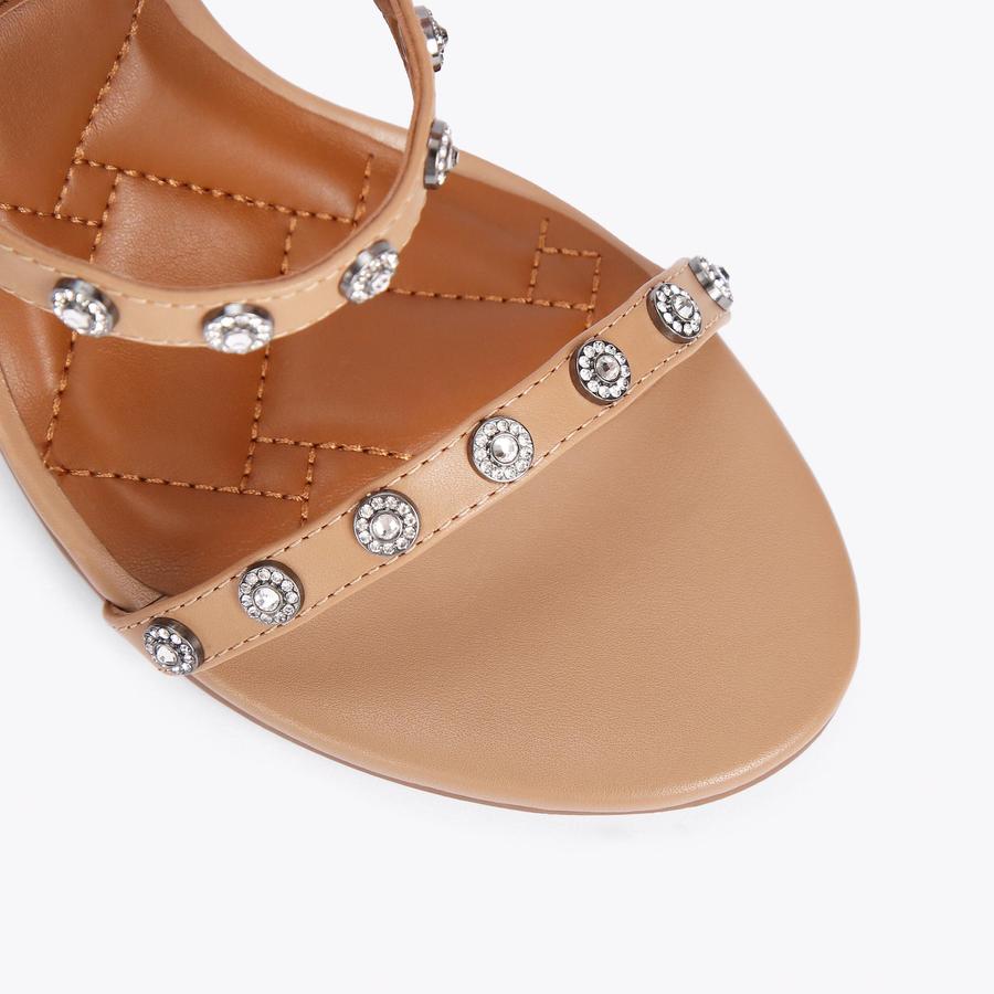 PORTIA CRYSTALS Camel Leather Crystal Strappy Heeled Sandals by