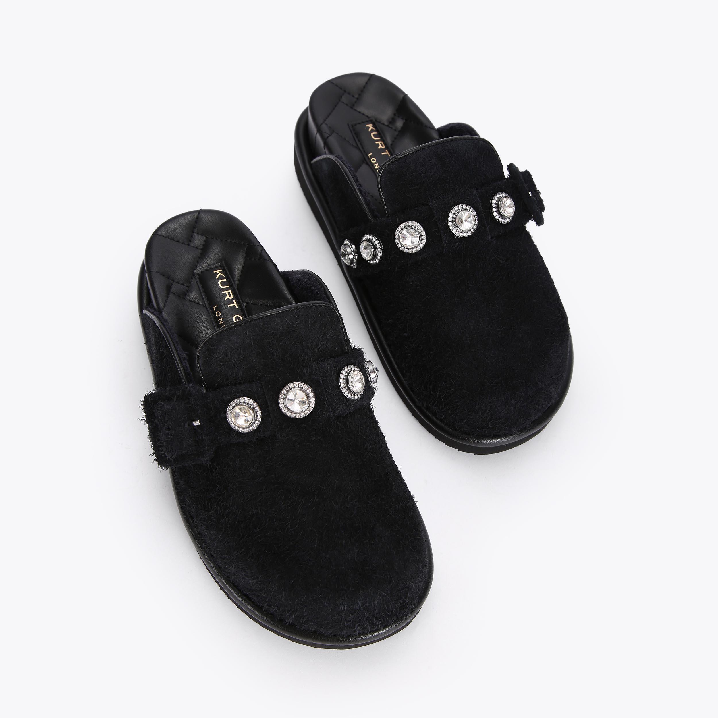 ORSON CRYSTAL MULE Black Suede Crystal Buckle Slip On Mules ORSON CRYSTAL MULE Black Suede Crystal Buckle Slip On Mules