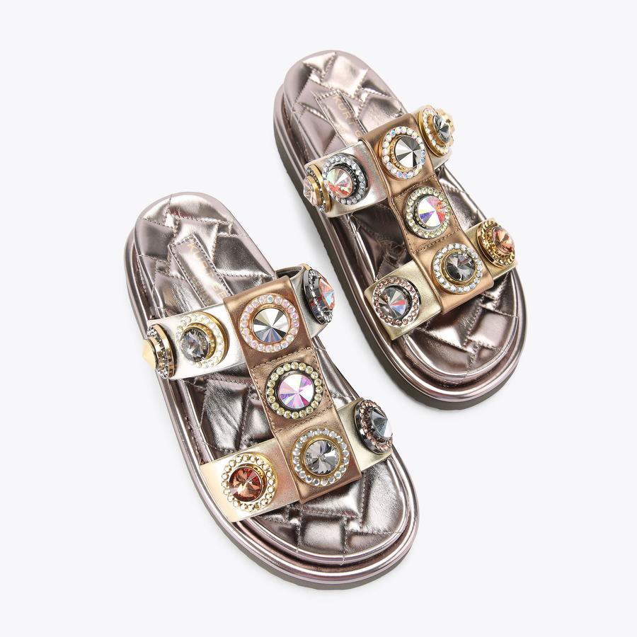 Leather Crystal Sandal サンダル ORSON CRYSTAL SANDAL Metallic Gold Leather Slip On Sandal by