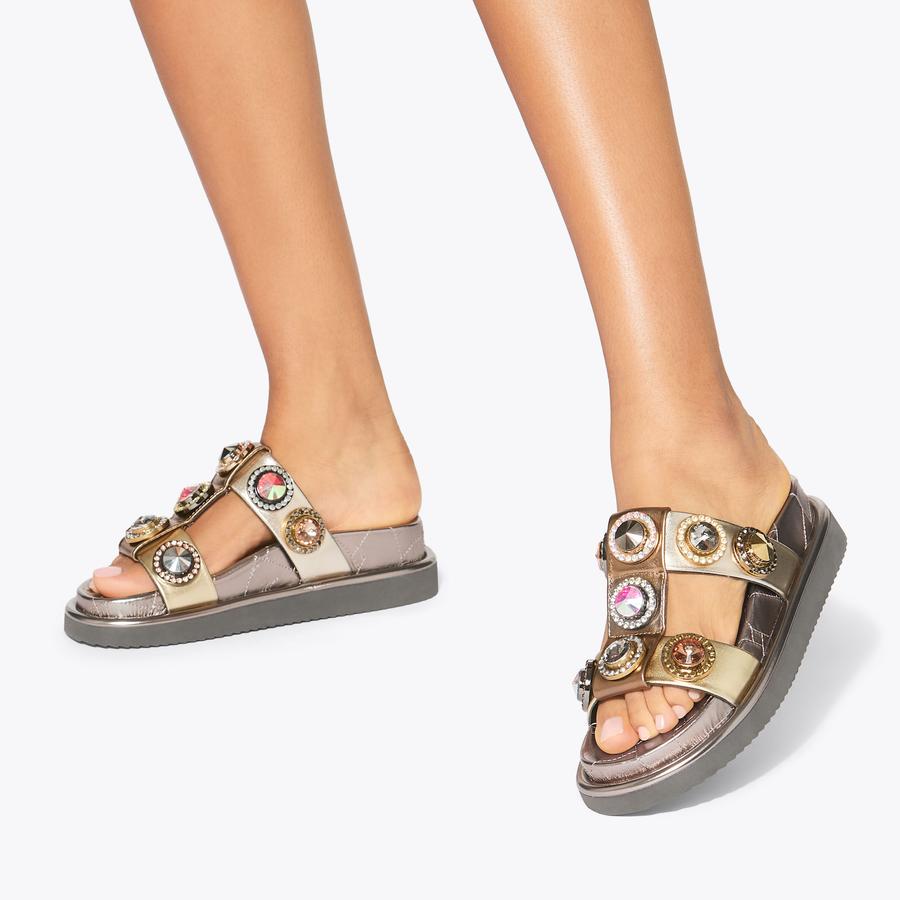Leather Crystal Sandal サンダル ORSON CRYSTAL SANDAL Metallic Gold Leather Slip On Sandal by