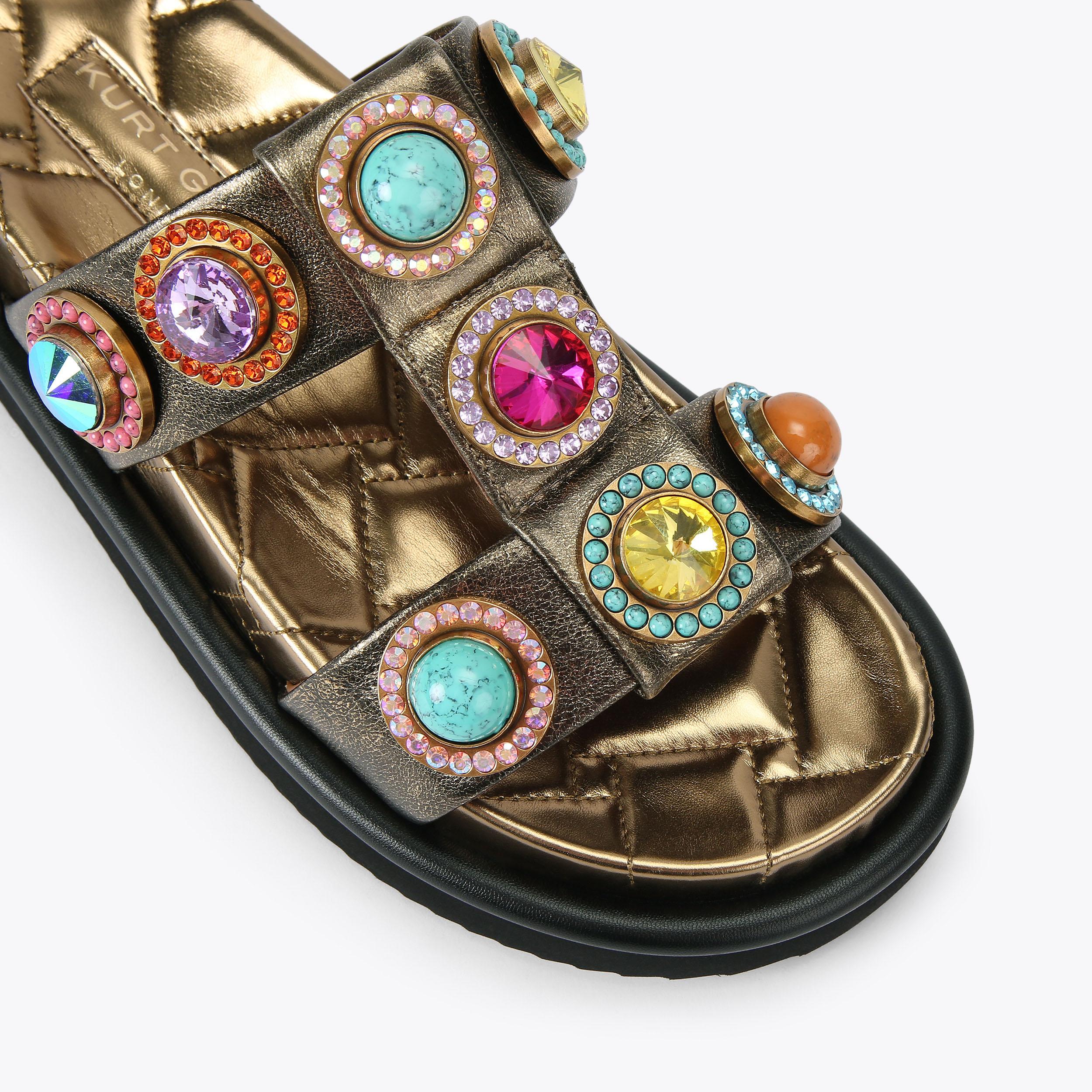 ◇【レネ カオヴィラ】メタル＆ストーン！レザー＆サテンミュール23cm未使用品◇ ORSON CRYSTAL SANDAL Bronze Slip On Chunky Sandal by KURT GEIGER