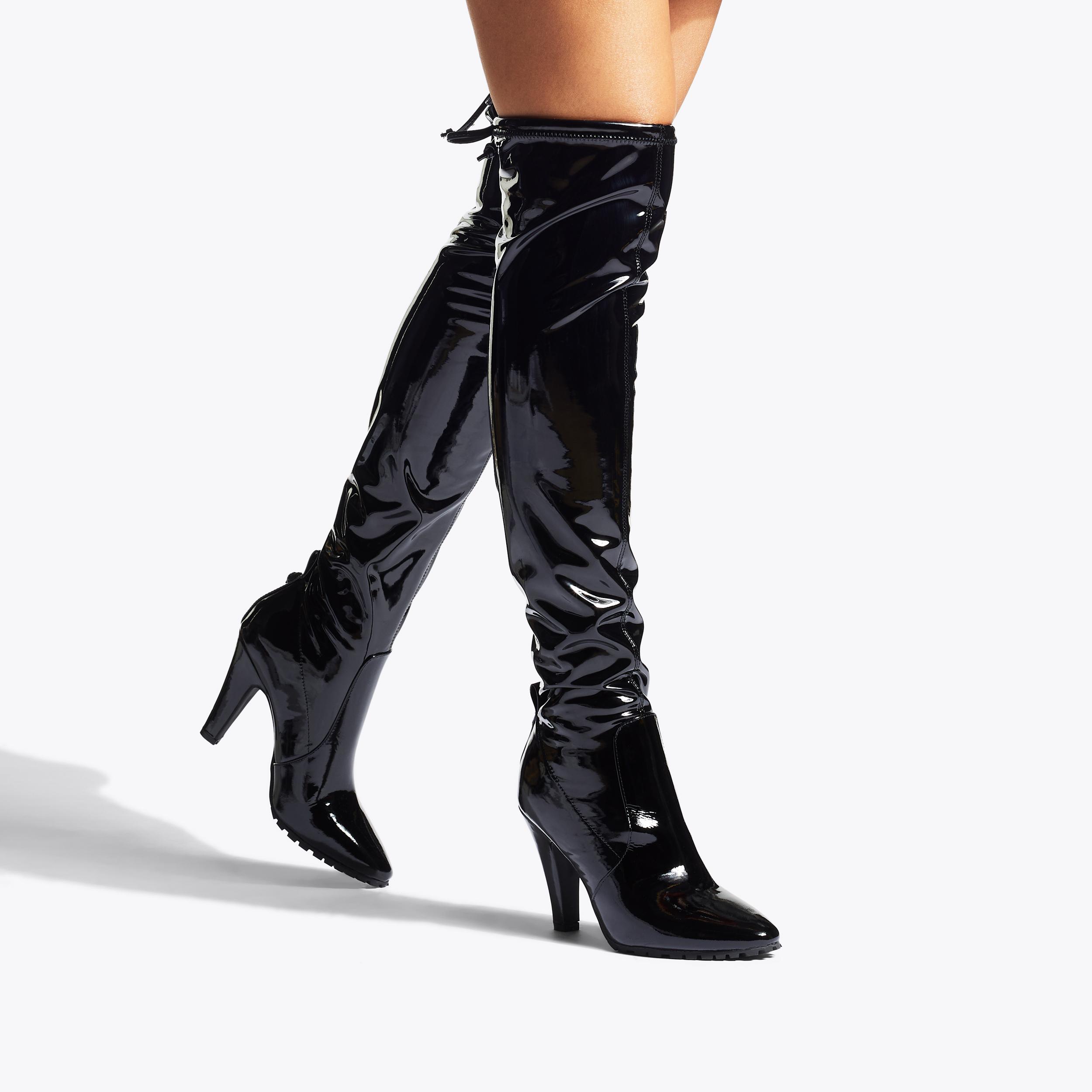 SHOREDITCH STRETCH OTK Black Patent Leather Over The Knee Heeled