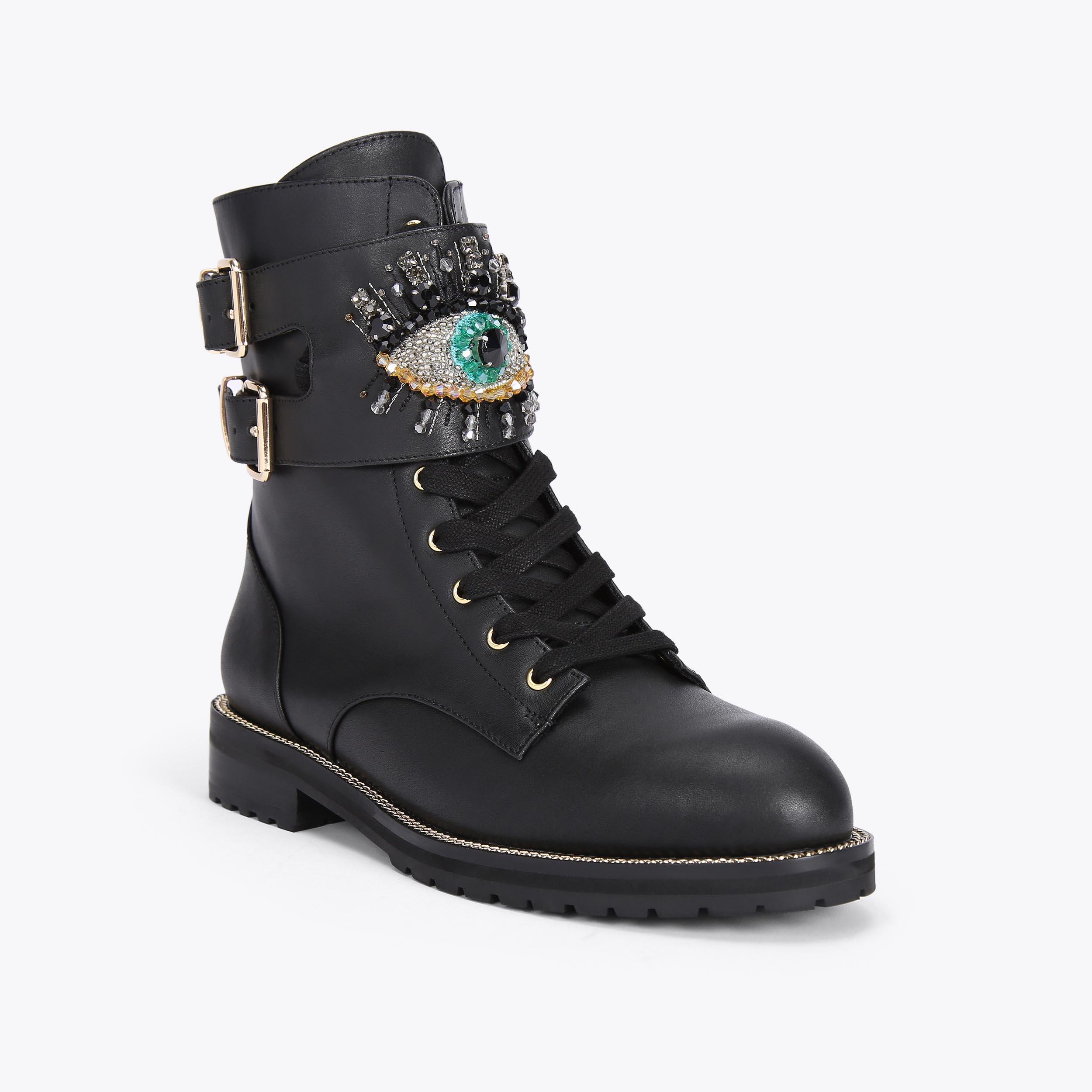 SUTTON EYE Black Leather Eye Motif Lace Up Ankle Biker Boots