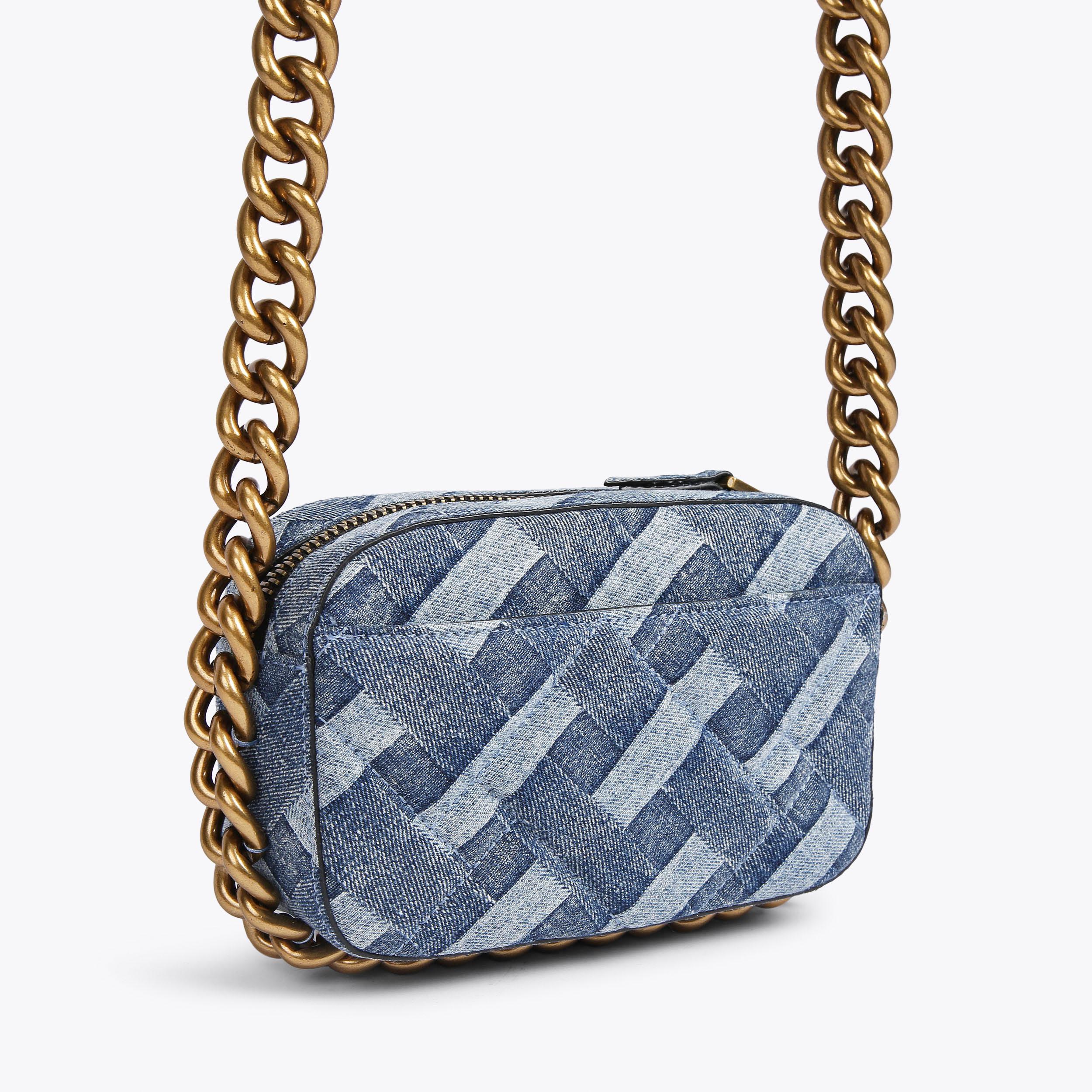 KENSINGTON SM CAMERA CH Blue Denim Quilted Cross Body Chain