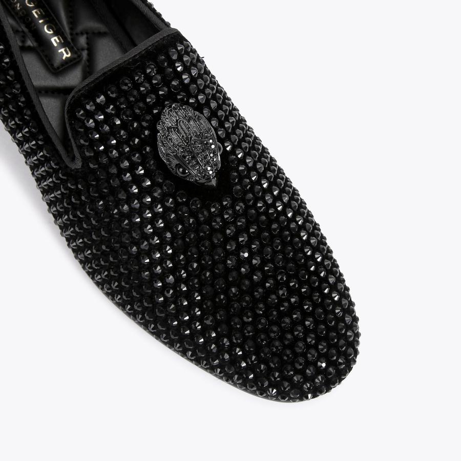 靴 A&J's ACE STUD Black Crystal Embellished Eagle Slip On Loafers by