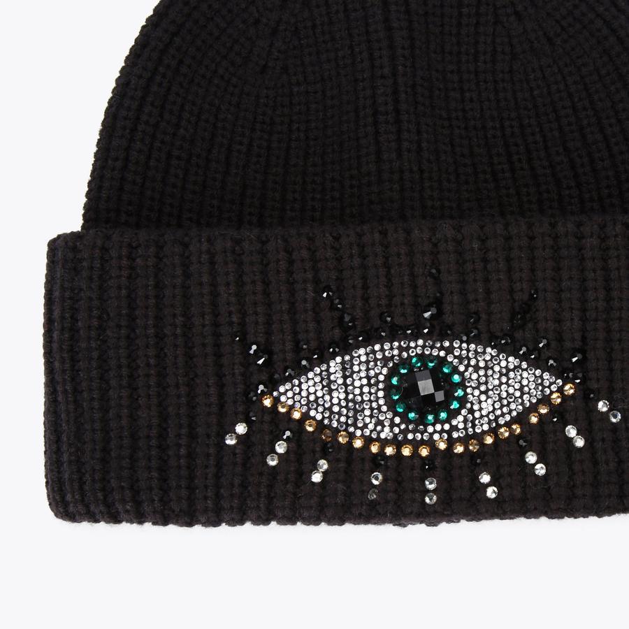 EVIL EYE BEANIE Black Evil Eye Crystal Beanie Hat by KURT