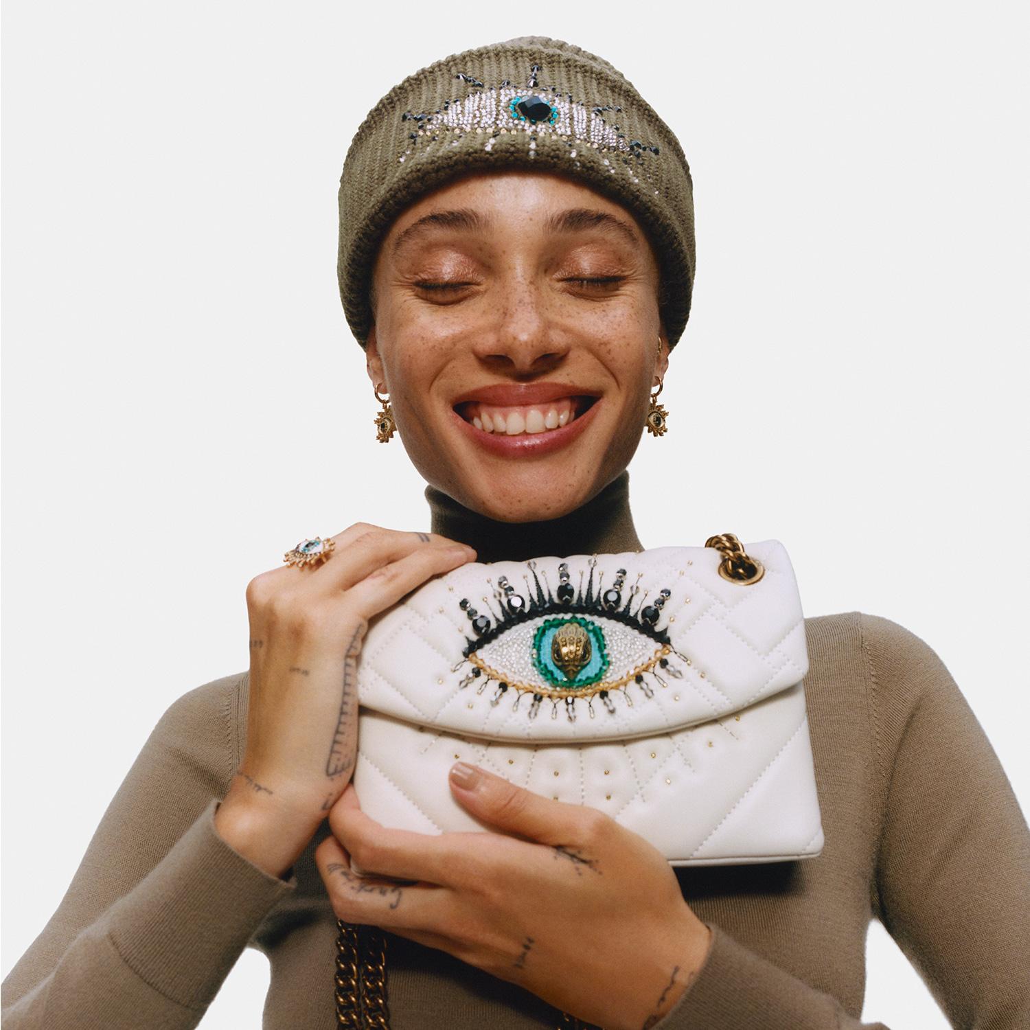 Kurt Geiger Velvet Green Evil Eye Cap EVIL EYE BEANIE Fuchsia Evil Eye Crystal Beanie Hat by KURT  main image 2