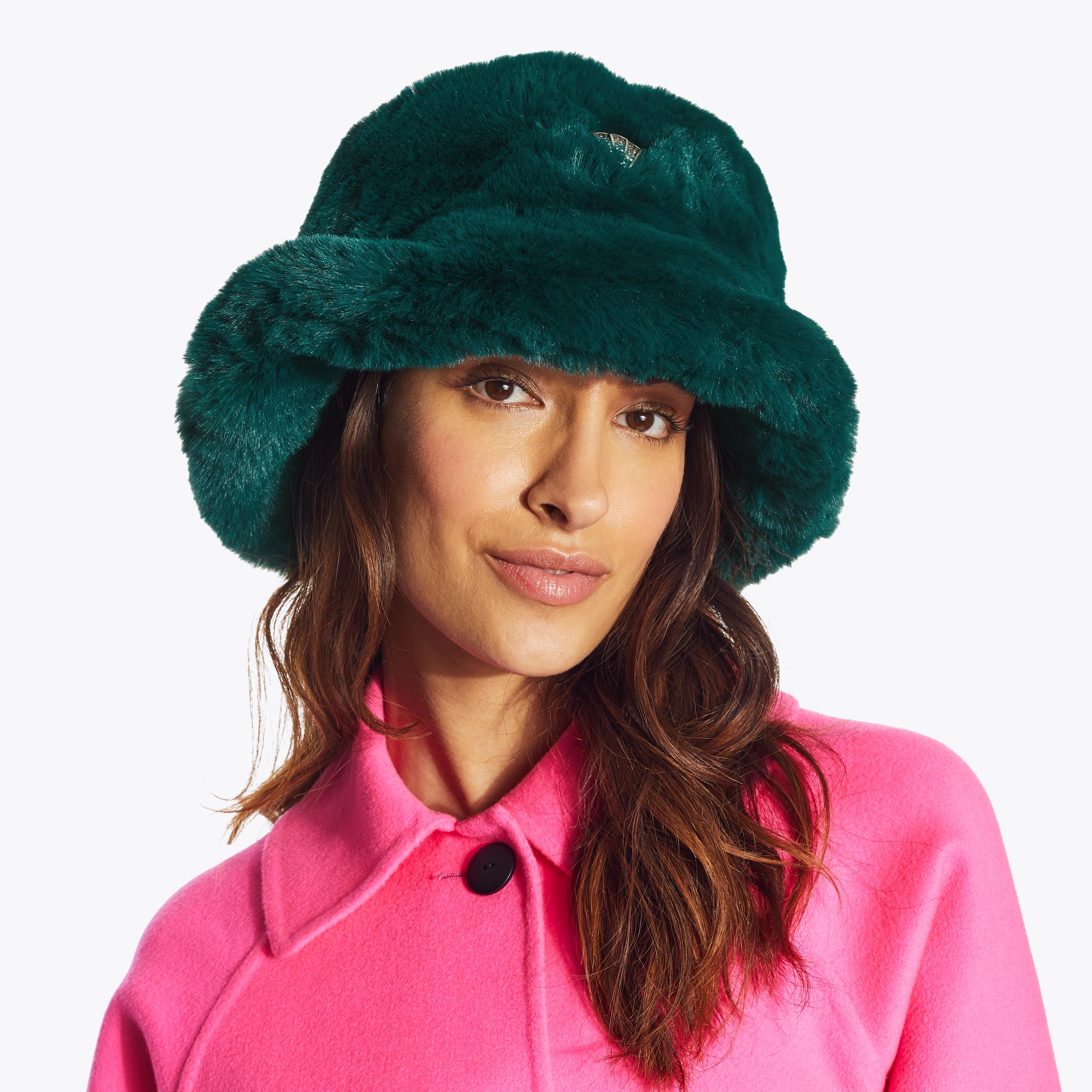POPPY BUCKET HAT Green Faux Fur Bucket Hat by KURT GEIGER LONDON