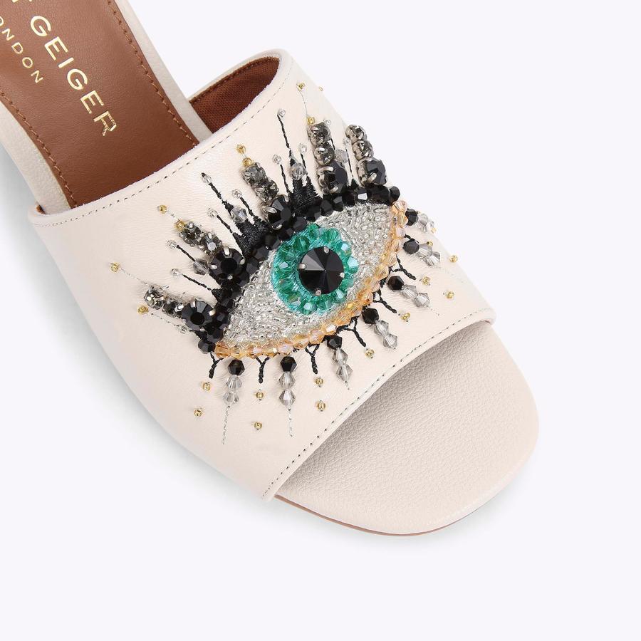 OLIVE BLOCK EYE Bone Leather Evil Eye Slip On Heeled Sandals OLIVE BLOCK EYE Bone Leather Evil Eye Slip On Heeled Sandals
