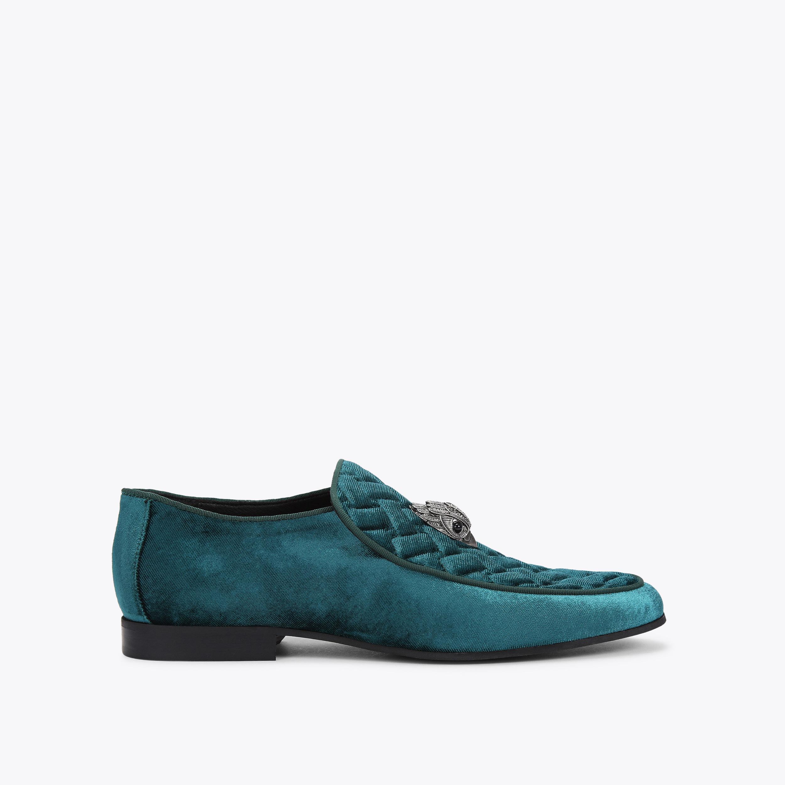 HUGH EAGLE HEAD Teal Velvet Quilted Slip On Flat Loafers by  display picture 1