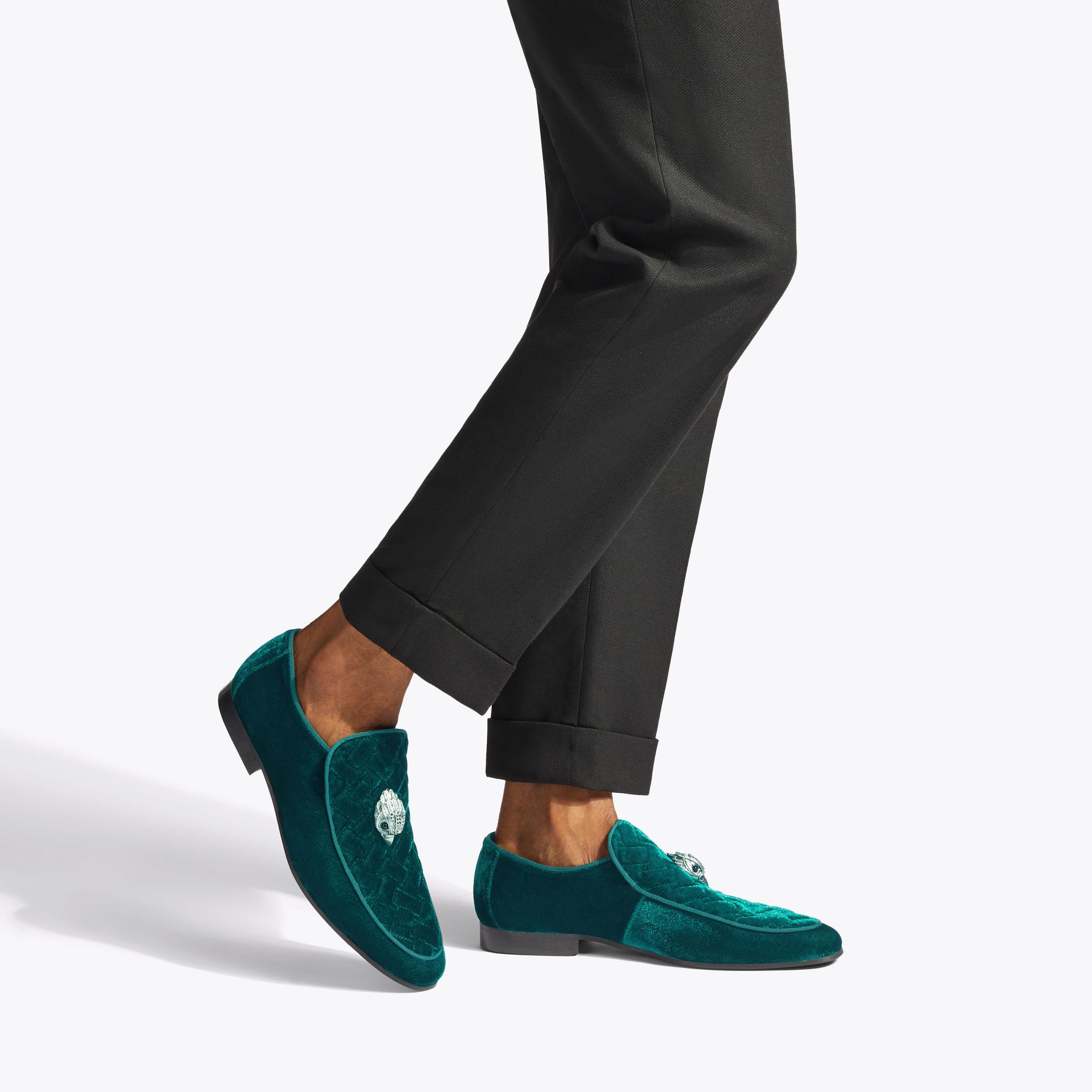 HUGH EAGLE HEAD Teal Velvet Quilted Slip On Flat Loafers by  display picture 2